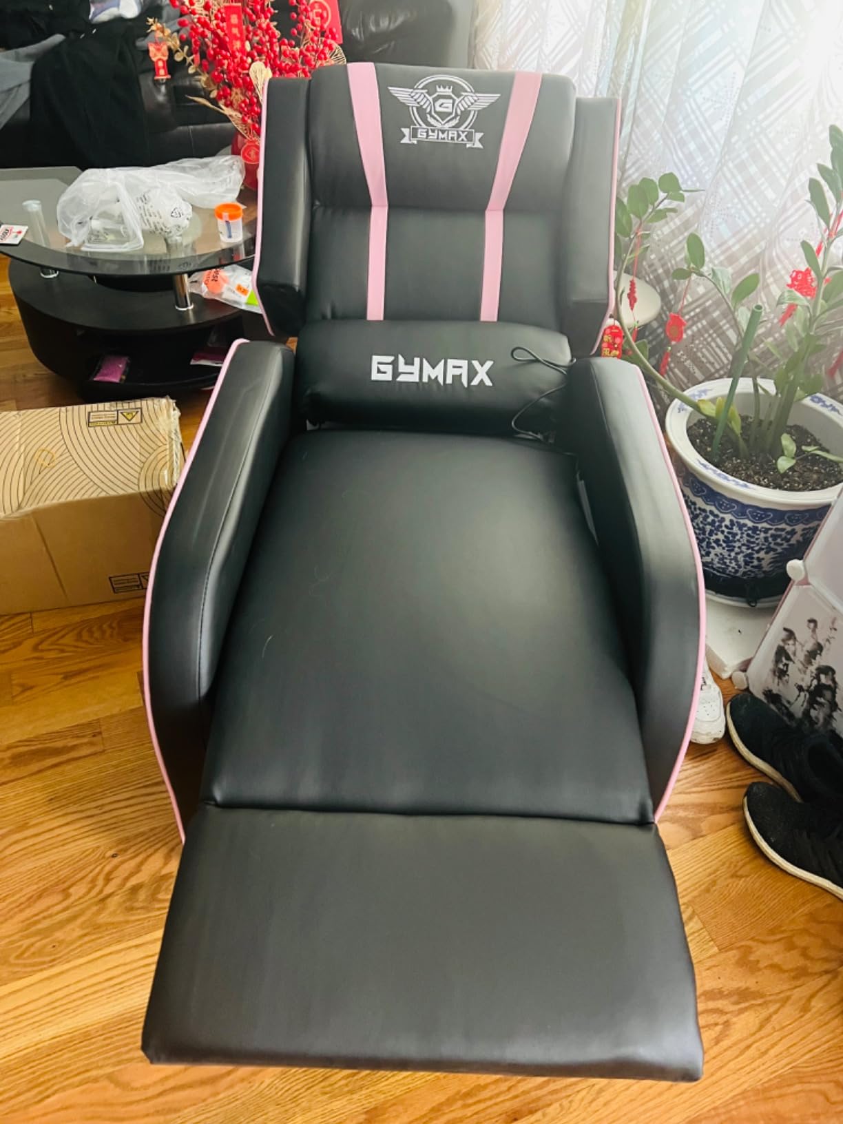 GYMAX Gaming Recliner, Massage Gaming Chair with Adjustable Footrest, Remote Control & Side Pocket, Ergonomic Game Lounge Chair, Racing Style Single Theater Seat Game Sofa for Adults (Red) customer photo 2