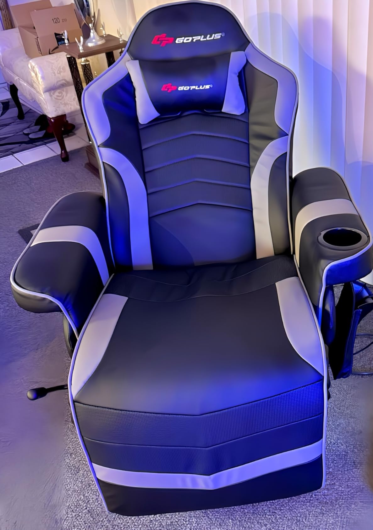 POWERSTONE Gaming Recliner, PU Massage Gaming Chair with Footrest, Cup Holder, Headrest and Side Pouch, Adjustable Single Sofa Living Room Chair(Gray) customer photo 1
