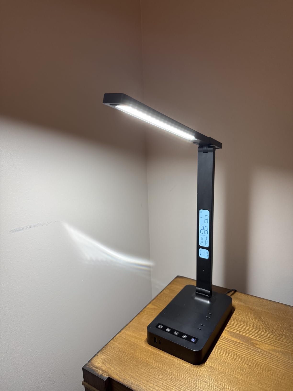 snsok Desk Lamp with Wireless Charger, USB Charging Port, Dimmable Office Desk Light with Clock, Alarm, Date, Temperature, Foldable Lamp for Table Bedroom Bedside Office (White) customer photo 1