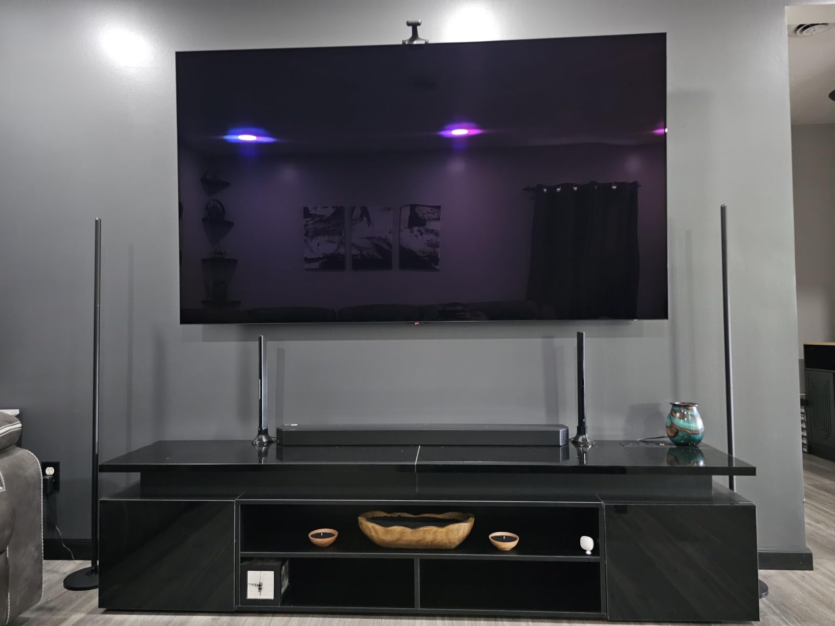 Hlivelood LED TV Stand for 85 Inch TV, Modern TV Stand with Power Outlet, High Gloss TV Console Entertainment Center with Storage and LED Lights for Living Room, Bedroom (73 Inch, Black) customer photo 2