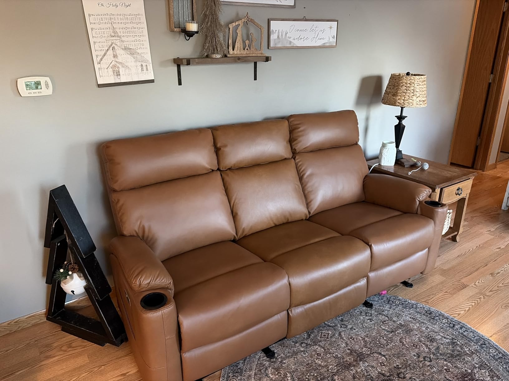 Power Reclining Sofa - 3 Seater Recliner Sofas, PU Leather Sofa, Home Theater Seating with Flipped Middle Backrest, Power Recliner Couch for Living Room(Brown) customer photo 1