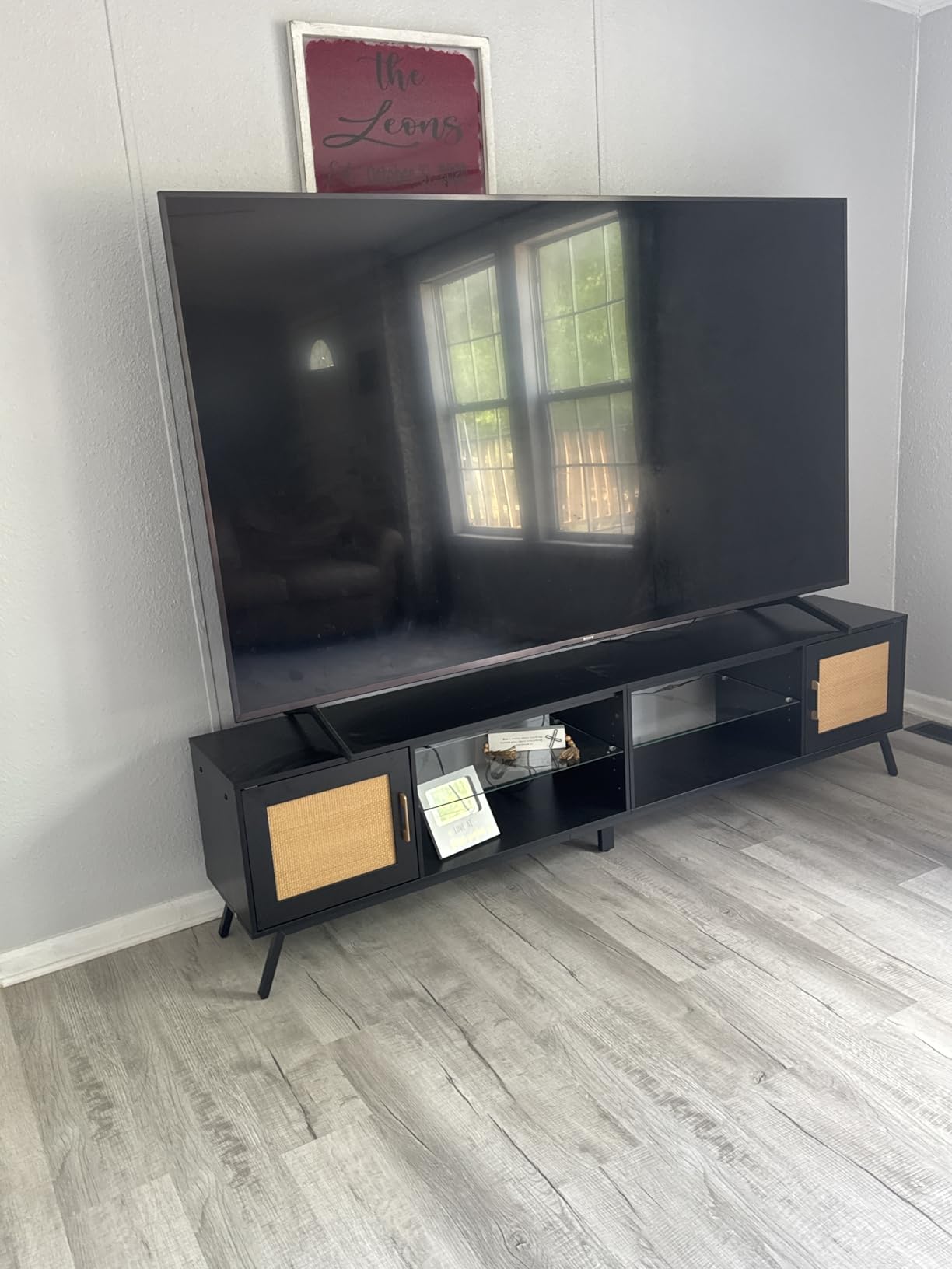 Bestier 80 Inch Black Rattan TV Stand with Storage for 85 Inch TV, 4-in-1 Mid Century Modern Entertainment Center with LED Lights, Doors and Adjustable Glass Shelves for Living Room customer photo 1