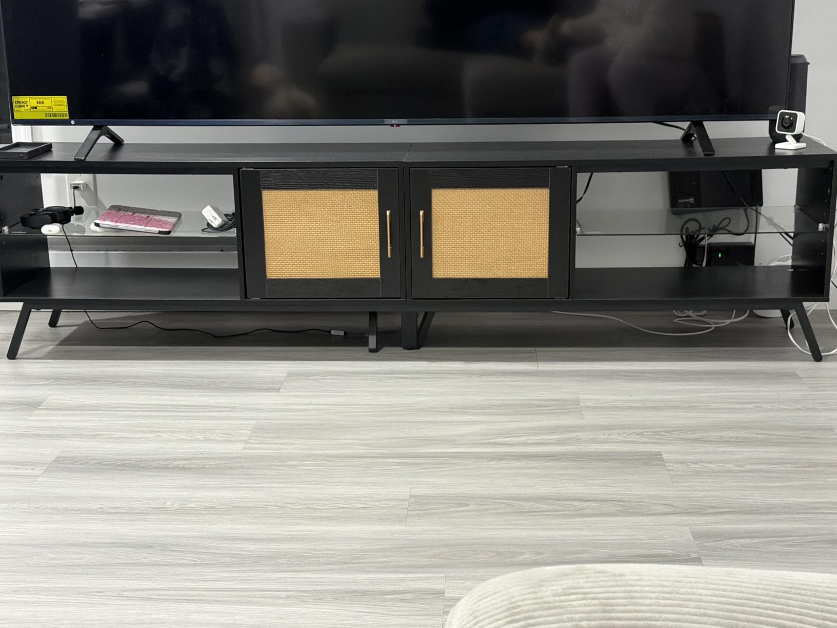 Bestier 80 Inch Black Rattan TV Stand with Storage for 85 Inch TV, 4-in-1 Mid Century Modern Entertainment Center with LED Lights, Doors and Adjustable Glass Shelves for Living Room customer photo 2