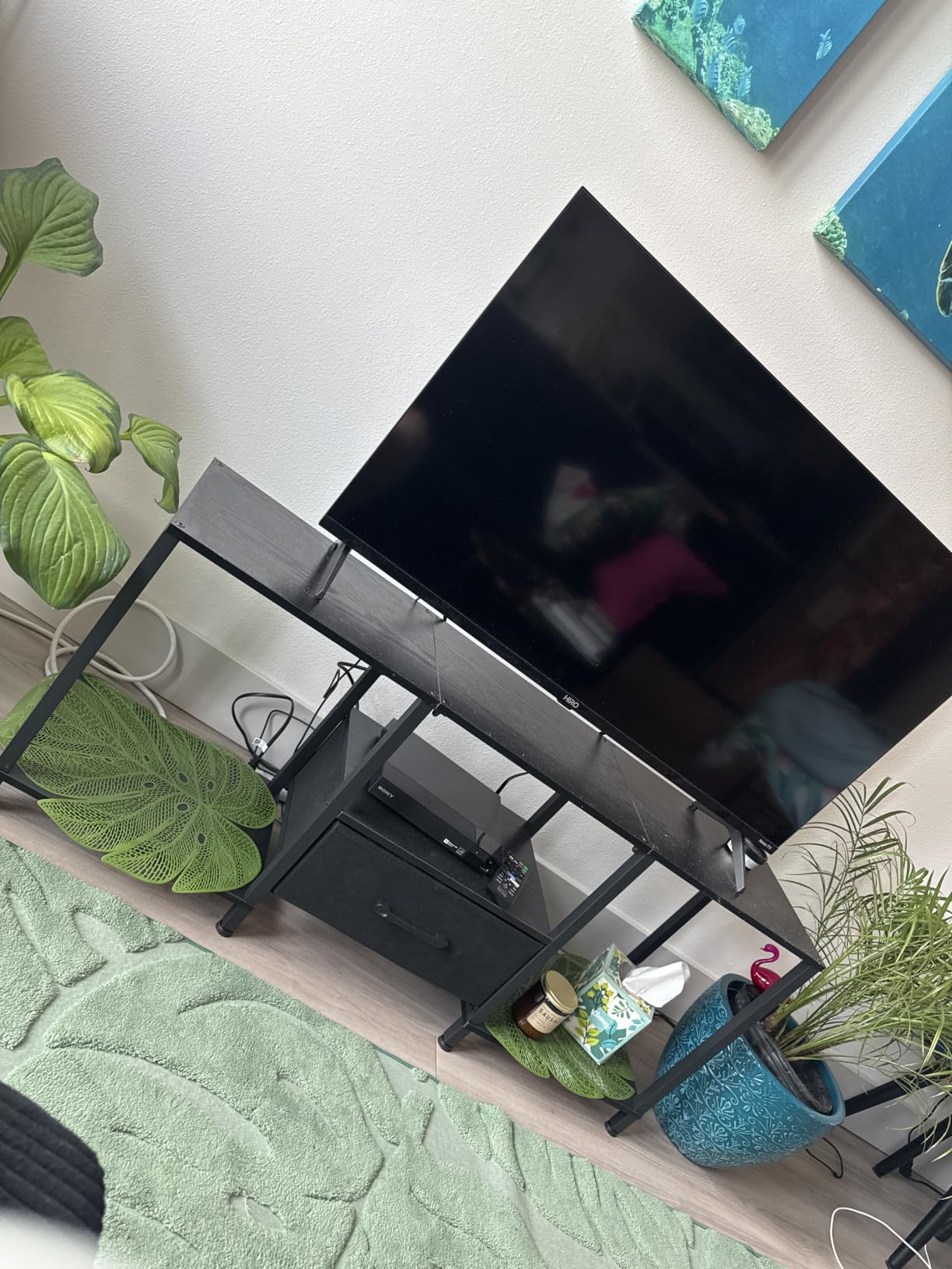 JARHETUN TV Stand with LED Lights, Entertainment Center with Open Shelves and Fabric Drawer, Media Console for 55 Inch TV, Television Stands for Living Room, Bedroom, Black customer photo 1