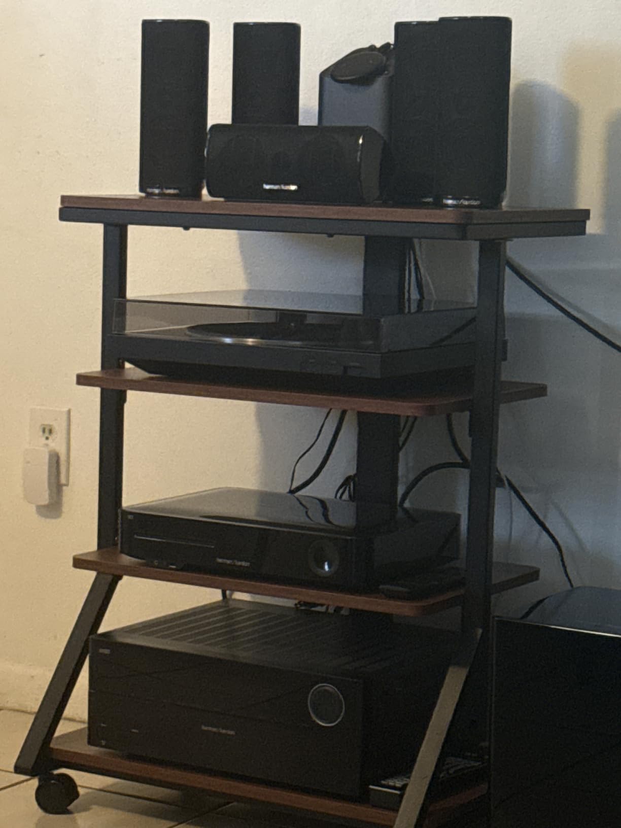 Rfiver 4-Tier AV Media Stand with Wheels, Mobile Rack Audio Tower with Height Adjustable Shelves, Wooden Stereo Racks and Stands, Stereo Stand for Record Player, TV Box, Corner Entertainment Center customer photo 1