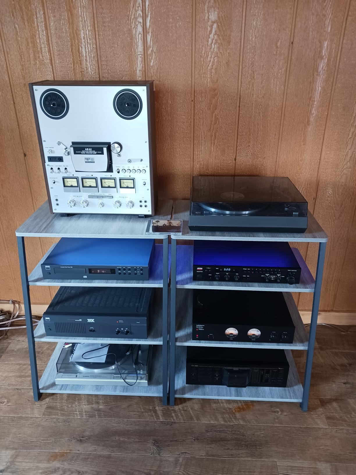 Besiost AV Media Stand with Outlets, Media Console with LED Lights, Stereo Racks and Stands with Storage Shelves, Media Audio Tower Cabinet, Black Enoby customer photo 1