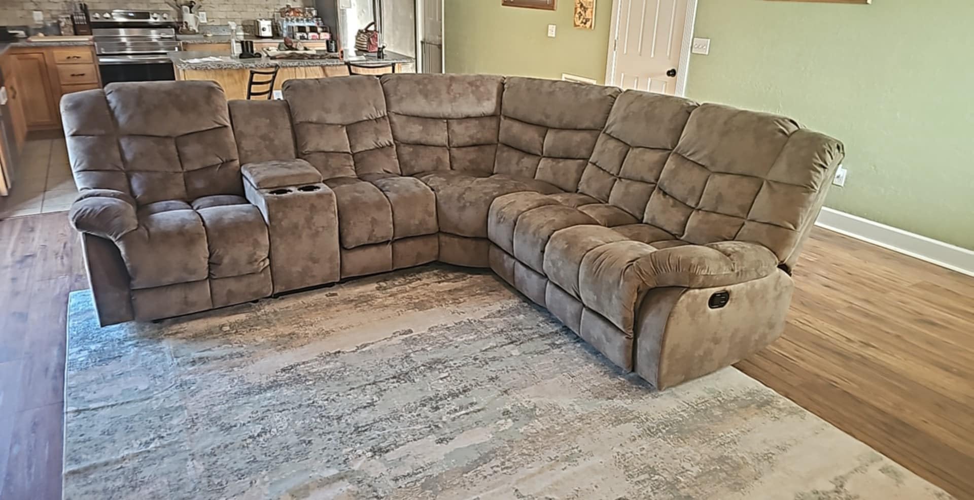 Manual Reclining Sectional Sofa Set for Living Room, Soft Fabric Recliner Corner Sectional Couch with Center Console, Cup Holder and Storage, Brown customer photo 1
