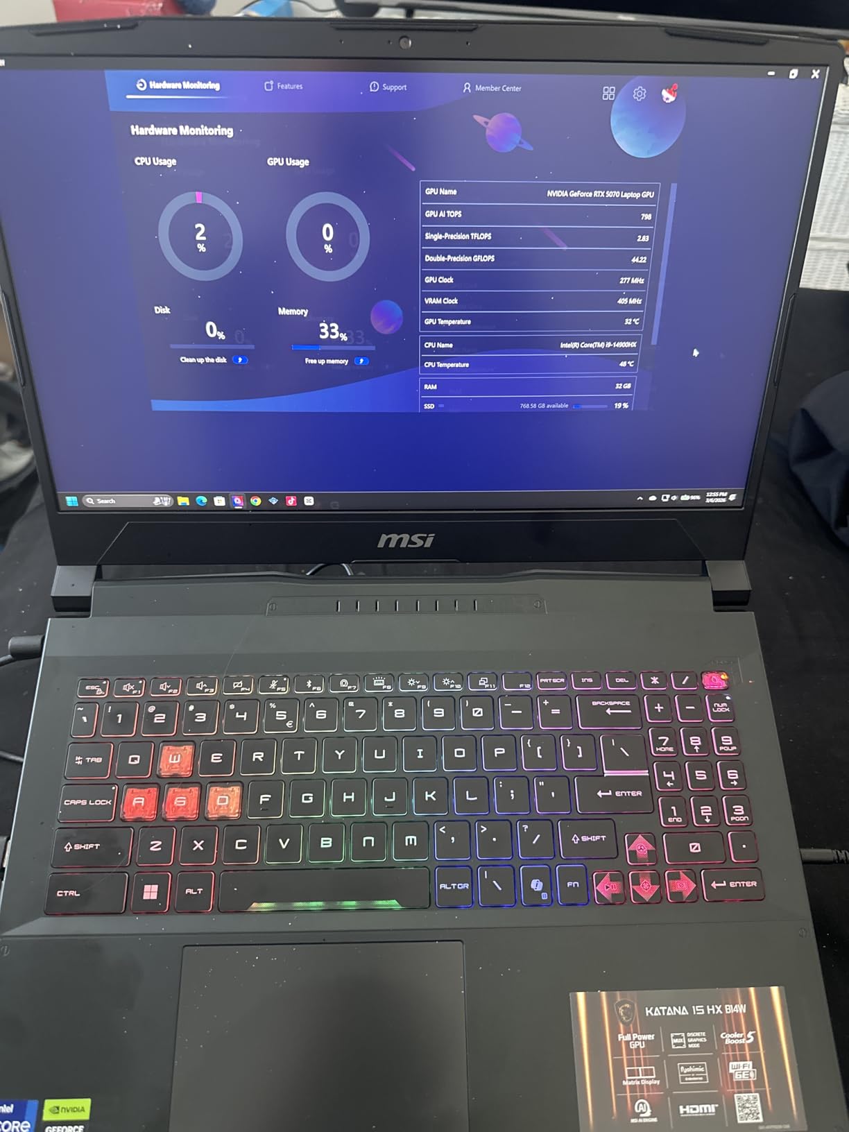 msi Katana 15 HX 15.6” 165Hz QHD+ Gaming Laptop: Intel Core i9-14900HX, NVIDIA Geforce RTX 5070, 32GB DDR5, 1TB NVMe SSD, RGB Keyboard, Win 11 Home: Black B14WGK-016US customer photo 1