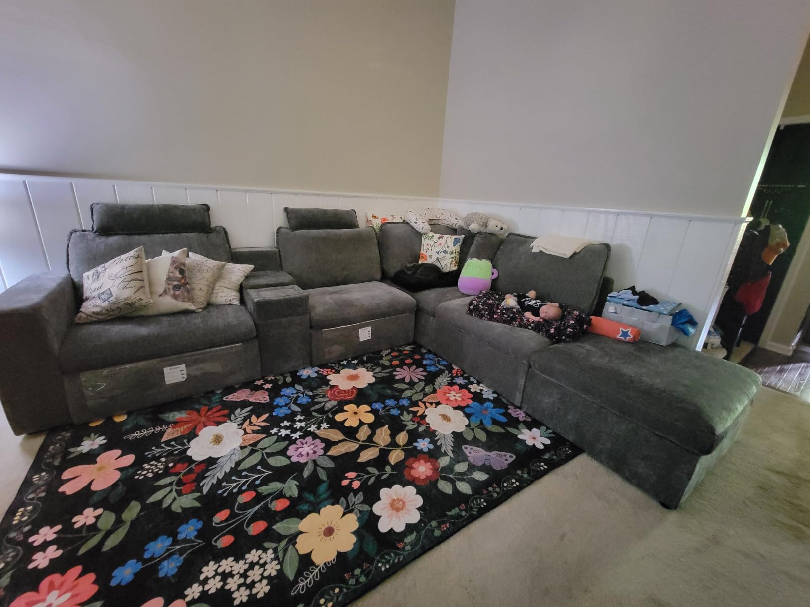 174.4'' Oversized Modular Power Recliner Sofa with Headrest, Deep Cloud Couch with Table, Charging Cup Holders, Convertible U-Shaped 6-Seater Sectional with 2 Storage Ottomans, Chenille, Grey customer photo 1