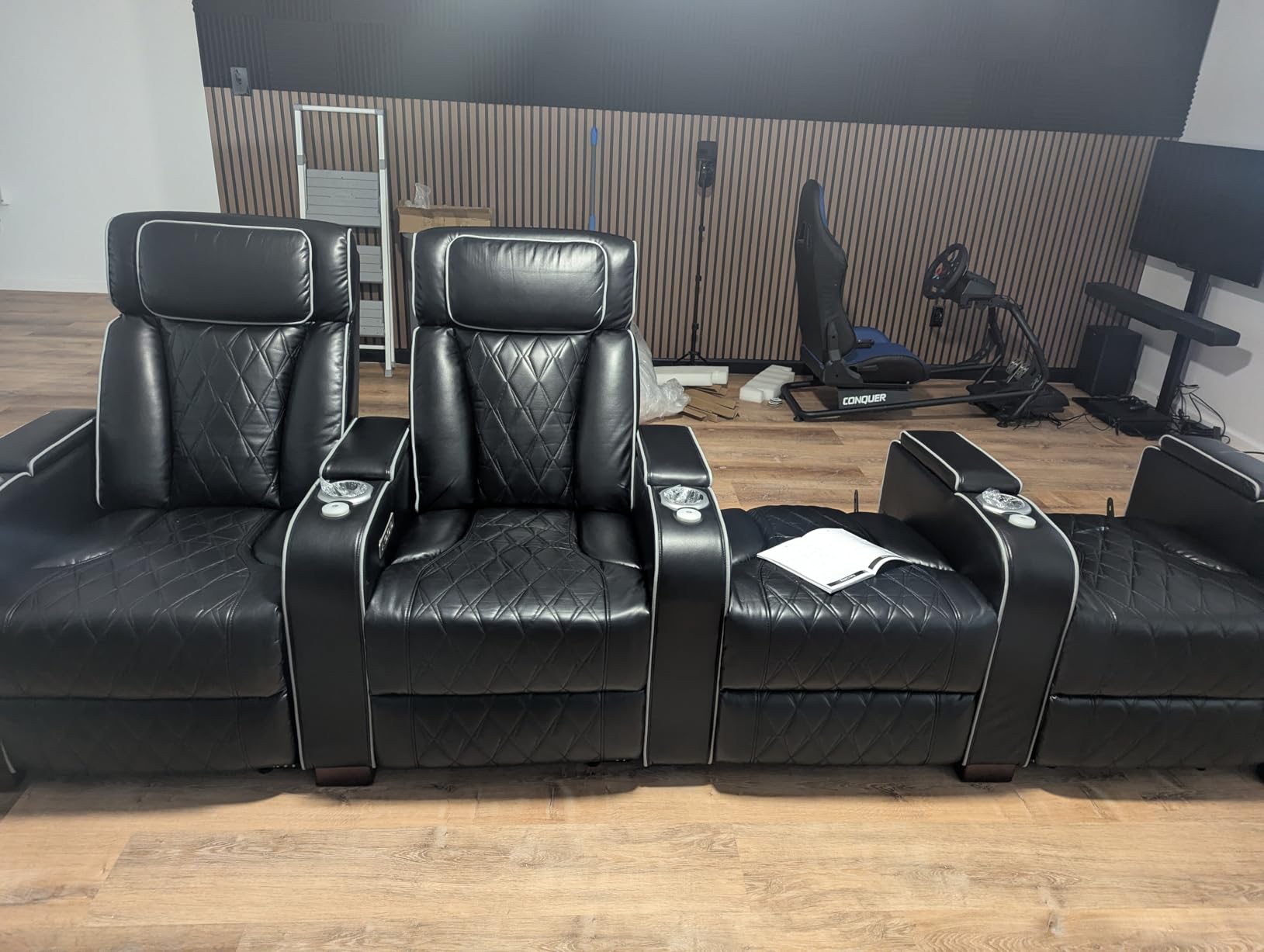 Luxury Home Theater Seating with Electric Headrest (Black, 4 Seat) | Blue LED Ambient Lighting, Armrest Storage, Extended Footrest, Tray Table, USB & Type-C Charging, Cinema-Style Comfort customer photo 2