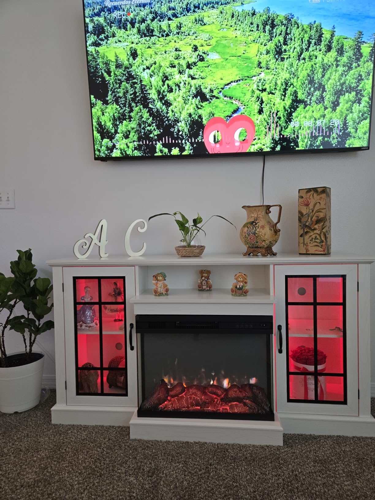 MXV 70'' Fireplace TV Stand, Farmhouse Entertainment Center with 3 Sided Glass TV Stand, Modern Media Console Table with Storage Drawers & Cabinets with LED Flame and Lights for Living Room, White customer photo 1