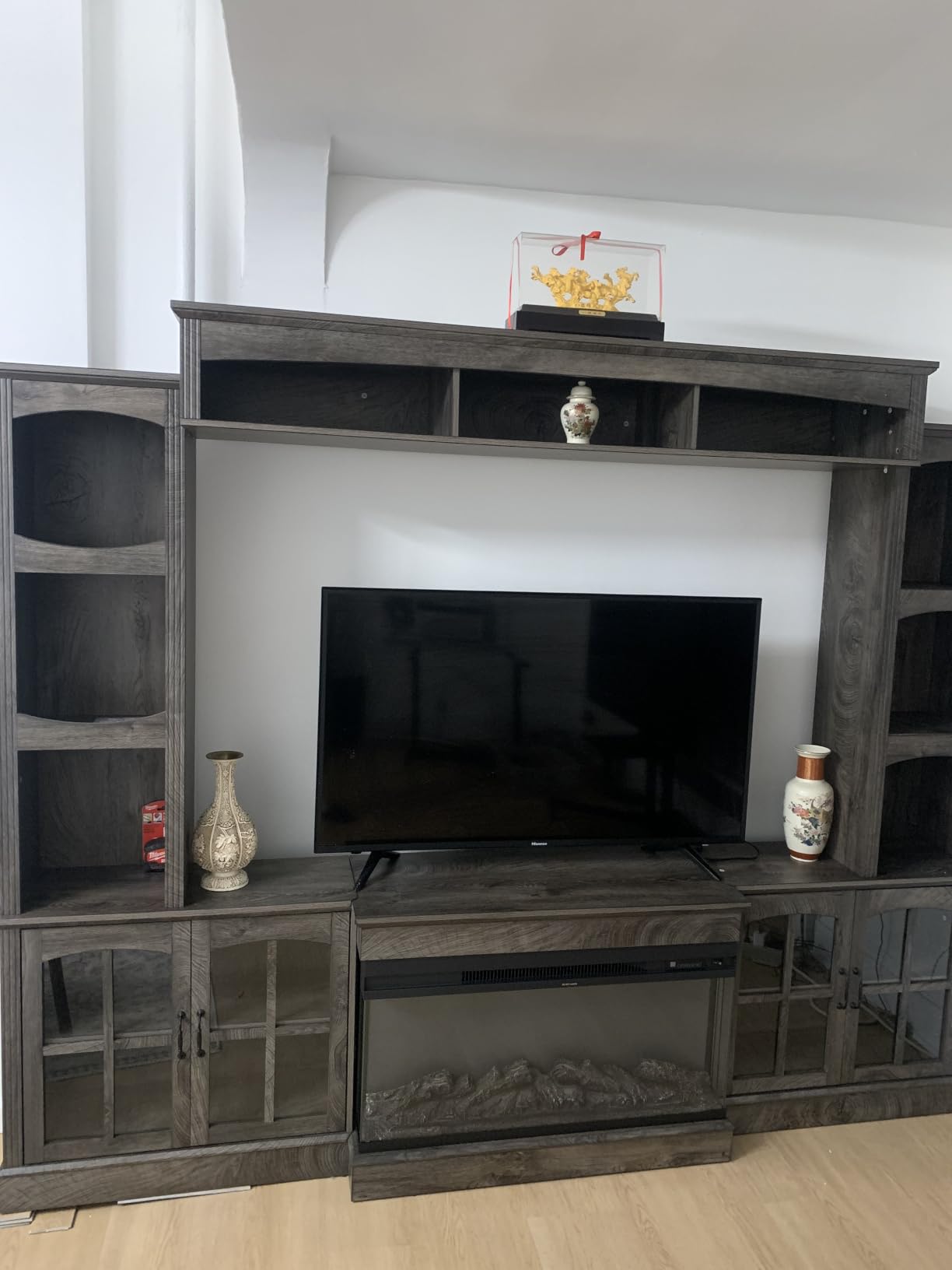 MXV 70'' Fireplace TV Stand, Farmhouse Entertainment Center with 3 Sided Glass TV Stand, Modern Media Console Table with Storage Drawers & Cabinets with LED Flame and Lights for Living Room, White customer photo 2