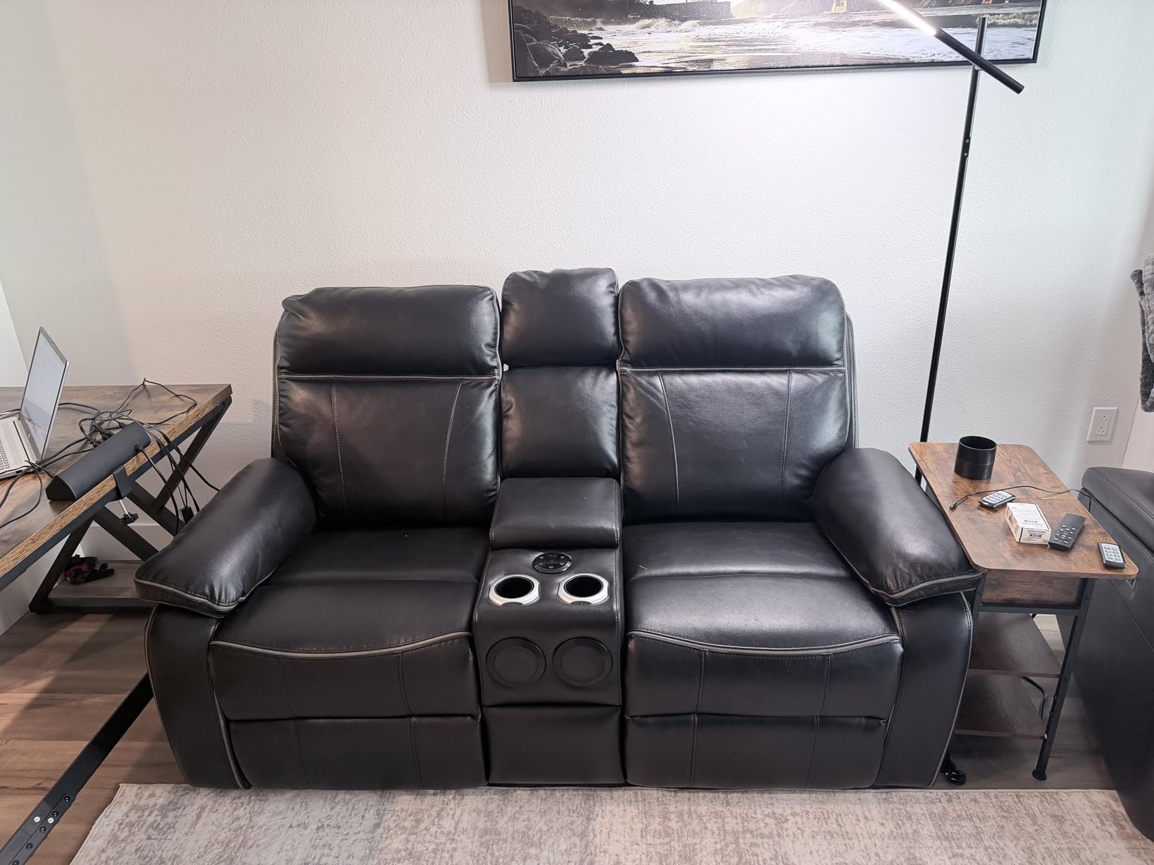 Power Reclining Loveseat with LED Reading Light/Storage Drawer/Bluetooth Speakers, Power Loveseat Recliner Sofa Wall Hugger Reclining Loveseat with Outlets(Grey, 2 Seat with Console) customer photo 1
