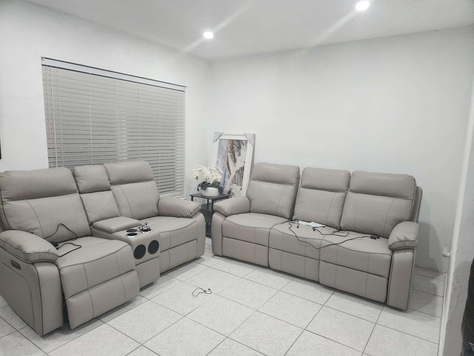 Power Reclining Loveseat with LED Reading Light/Storage Drawer/Bluetooth Speakers, Power Loveseat Recliner Sofa Wall Hugger Reclining Loveseat with Outlets(Grey, 2 Seat with Console) customer photo 2