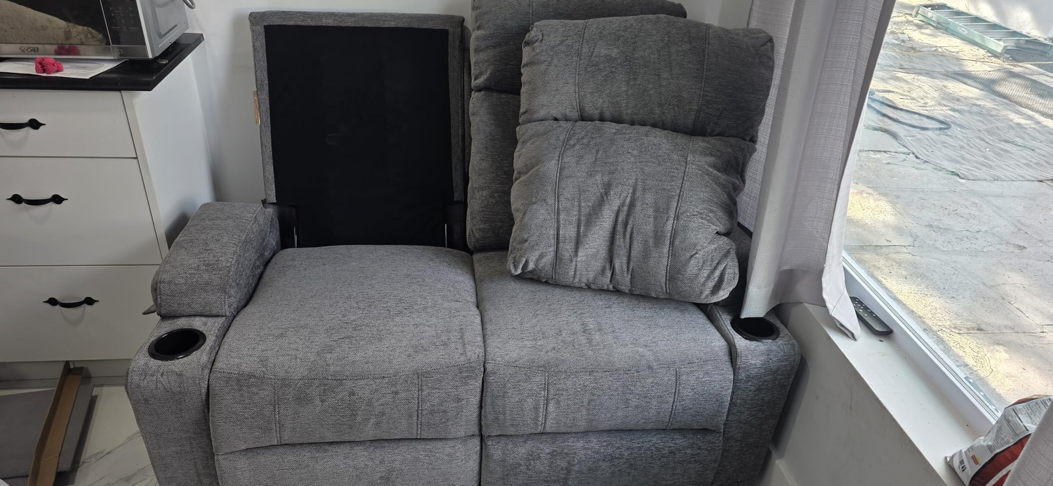 3 Seater Recliner Sofa with Console - RV Loveseat Reclining Couch with Drop Down Table/4 Cup Holder/Hidden Storage, Wall Hugger customer photo 2