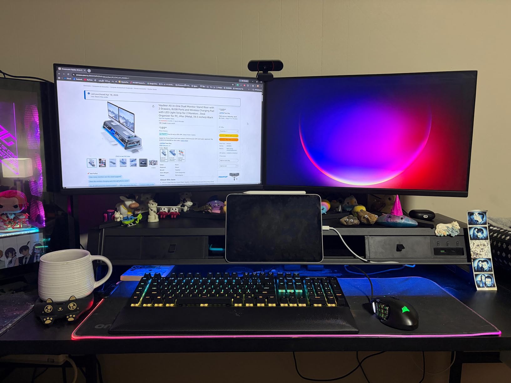 Vaydeer All-in-One Dual Monitor Stand Riser with 2 Drawers, 8 USB Ports and Wireless Charging Pad with LED Light Strip for 2 Monitors, Desk Organizer for PC, iMac (Metal, 39.3 inches)-Black customer photo 1