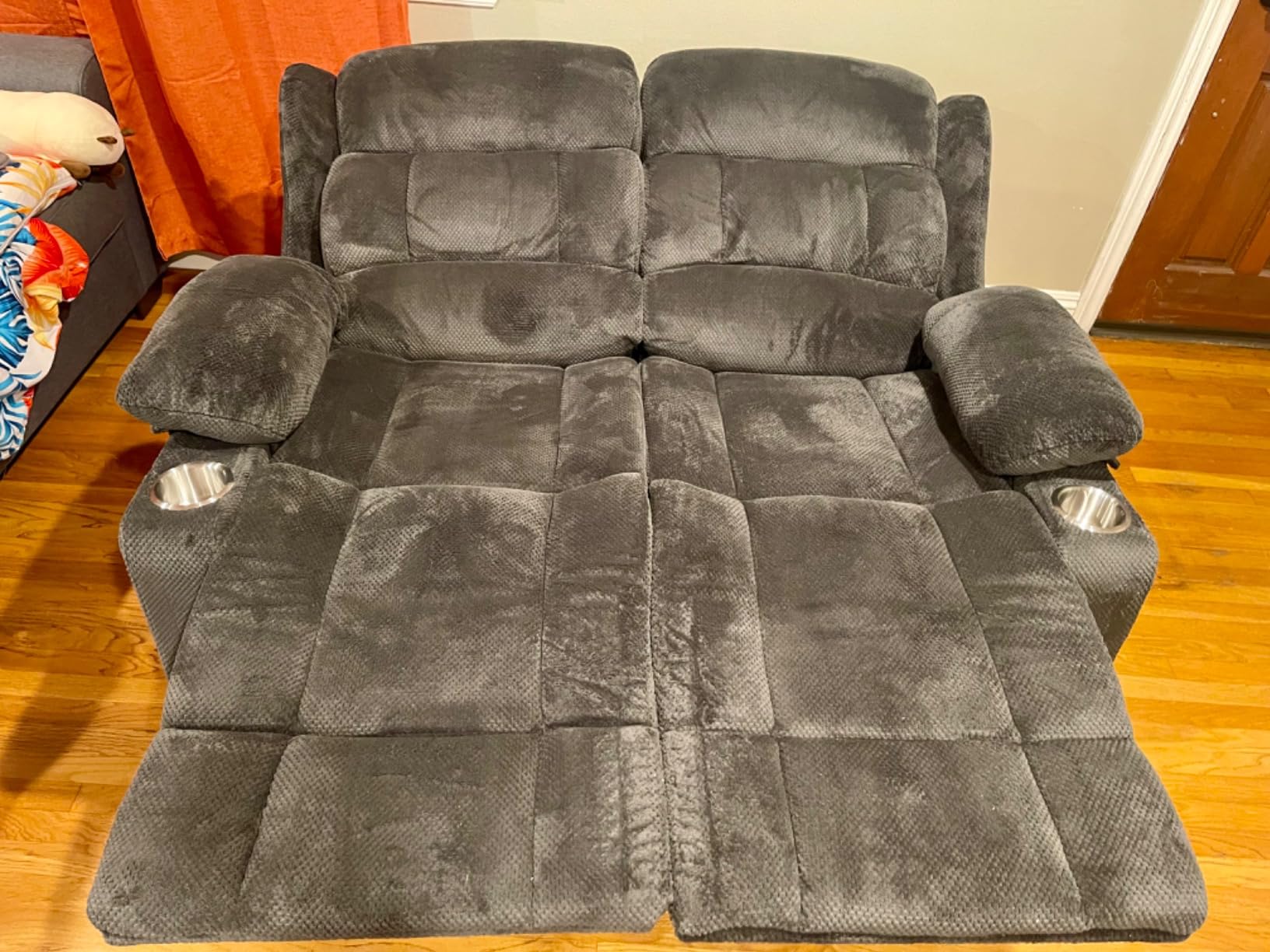 Loveseat Recliner Sofa, 3 Seater Minimalist Style Reclining Loveseat with Flip Back Console, USB Charge Ports, Cup Holders, Recliner Love Seat Couches for Living Room, RV, Gray customer photo 2