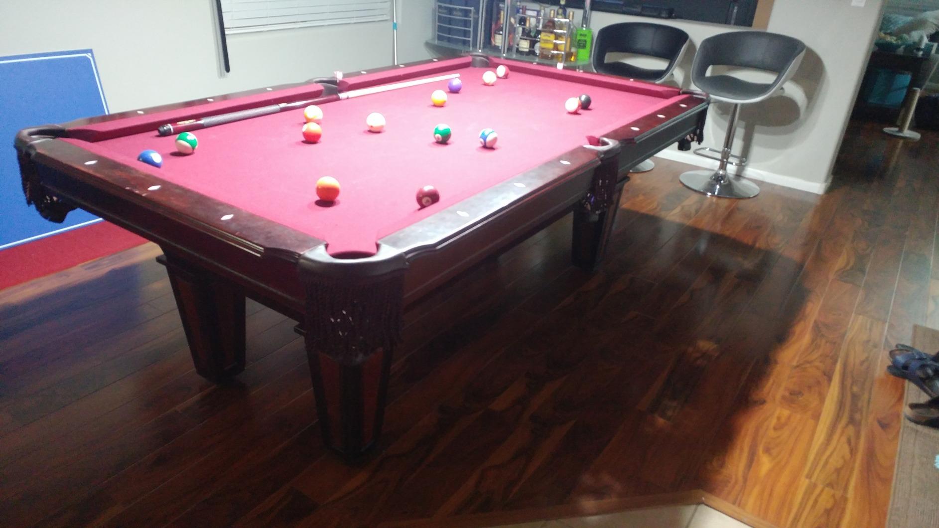 Fat Cat Reno 7.5 Foot Pool Table, Billiard Table with Accuslate Surface, K66 Bumpers, Dark Cherry Finish, Includes Cues and Balls customer photo 1