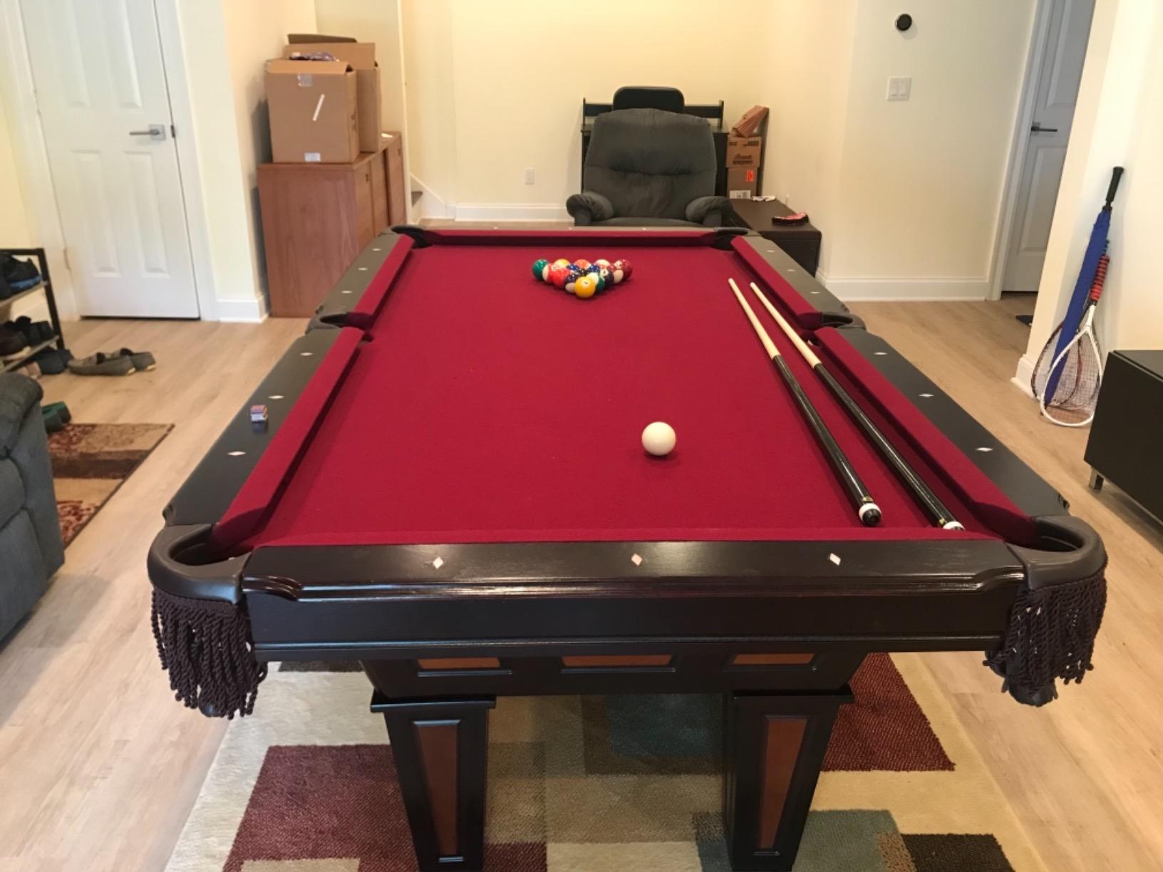 Fat Cat Reno 7.5 Foot Pool Table, Billiard Table with Accuslate Surface, K66 Bumpers, Dark Cherry Finish, Includes Cues and Balls customer photo 2