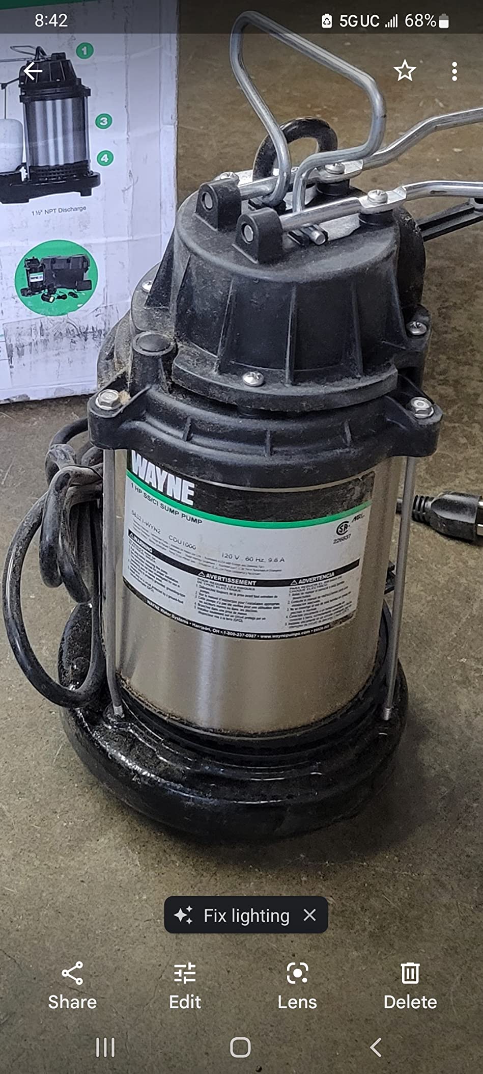 WAYNE CDU1000 1 HP Submersible Sump Pump - Cast Iron & Stainless Steel, Integrated Vertical Float Switch, 6,100 GPH, 5-Year Warranty, Assembled in USA customer photo 2