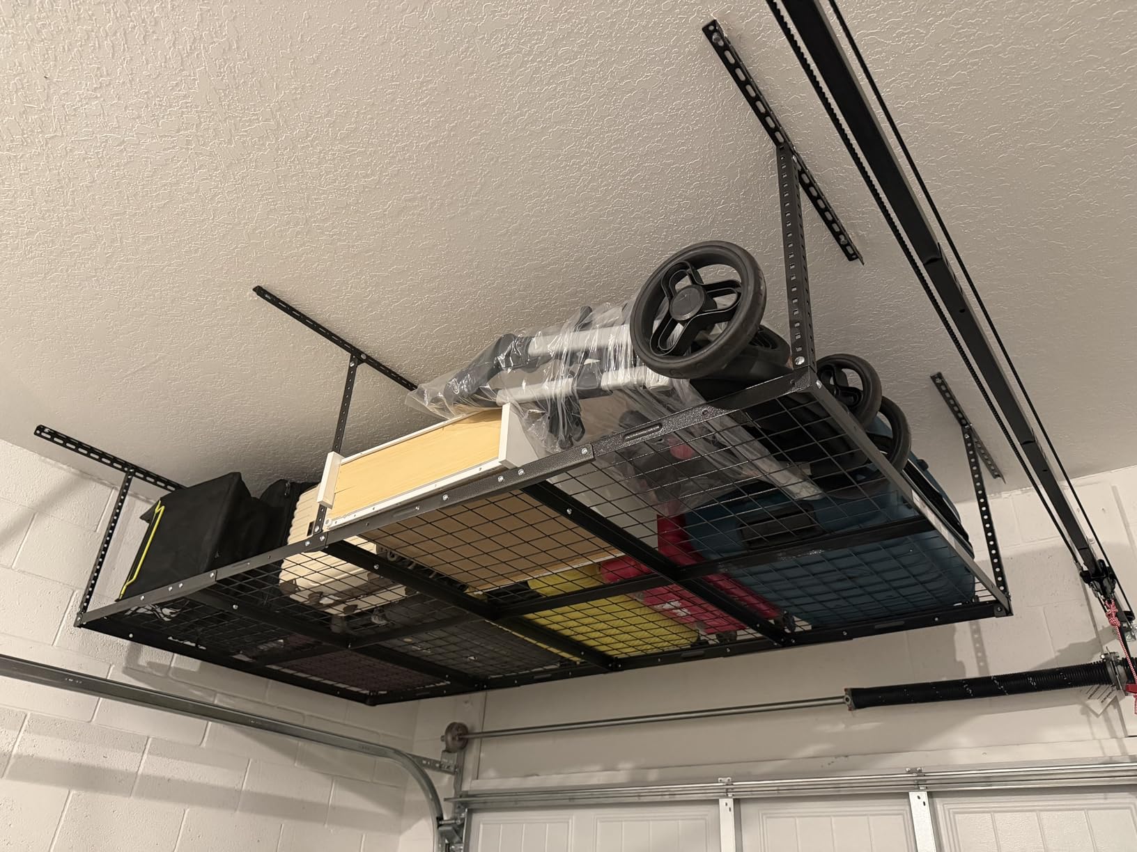 FLEXIMOUNTS 4x8 Overhead Garage Ceiling Storage Rack, Adjustable Organization System, Heavy-Duty Metal Ceiling Racks, 750lbs Weight Capacity, Black, Classic Series customer photo 2