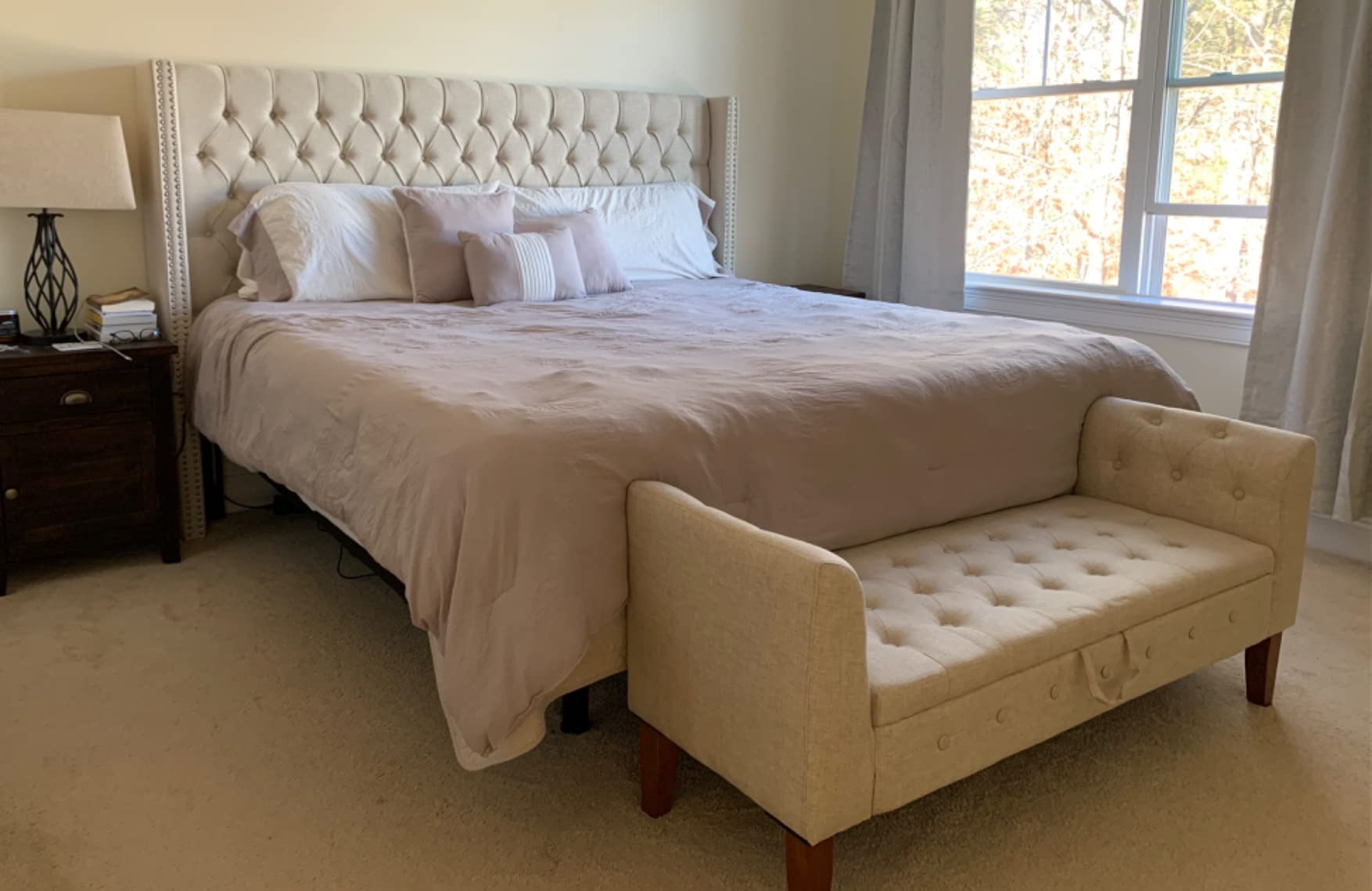 Madison Park Amelia Upholstered Headboard | Nail Head Trim Wingback Button Tufted | Queen, Cream customer photo 1