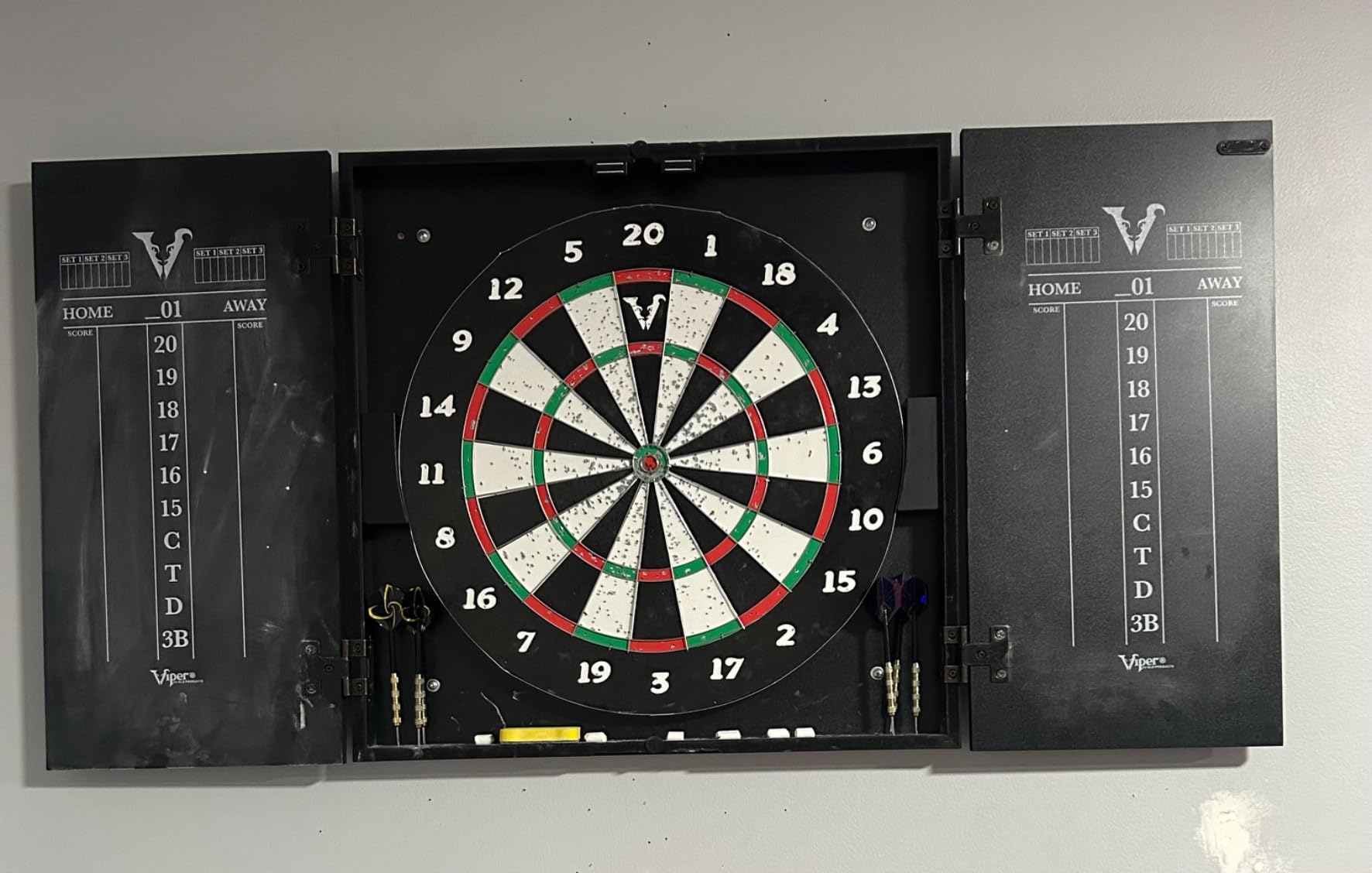 Viper Hideaway Dartboard Cabinet Set with Steel-Tip Dart Board, Reversible Board with Baseball Game Option, Two Sets of Darts, Chalk Scoreboards, and Matte Black Finish customer photo 1