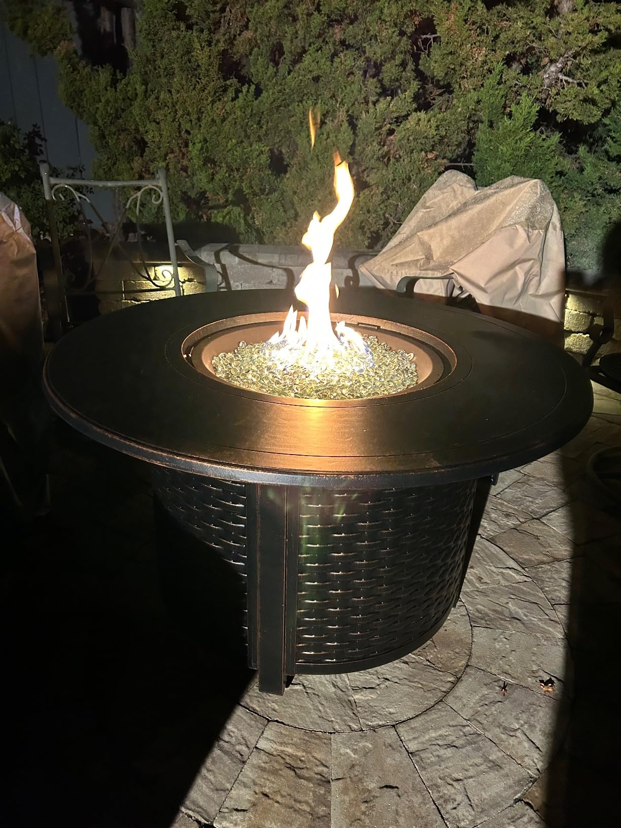 Fire Sense 62373 Florence Woven Aluminum Convertible Gas Fire Pit Table 55,000 BTU Multi-Functional Outdoor with Fire Bowl Lid, Nylon Weather Cover & Clear Fire Glass - Bronze Finish - Round - 44