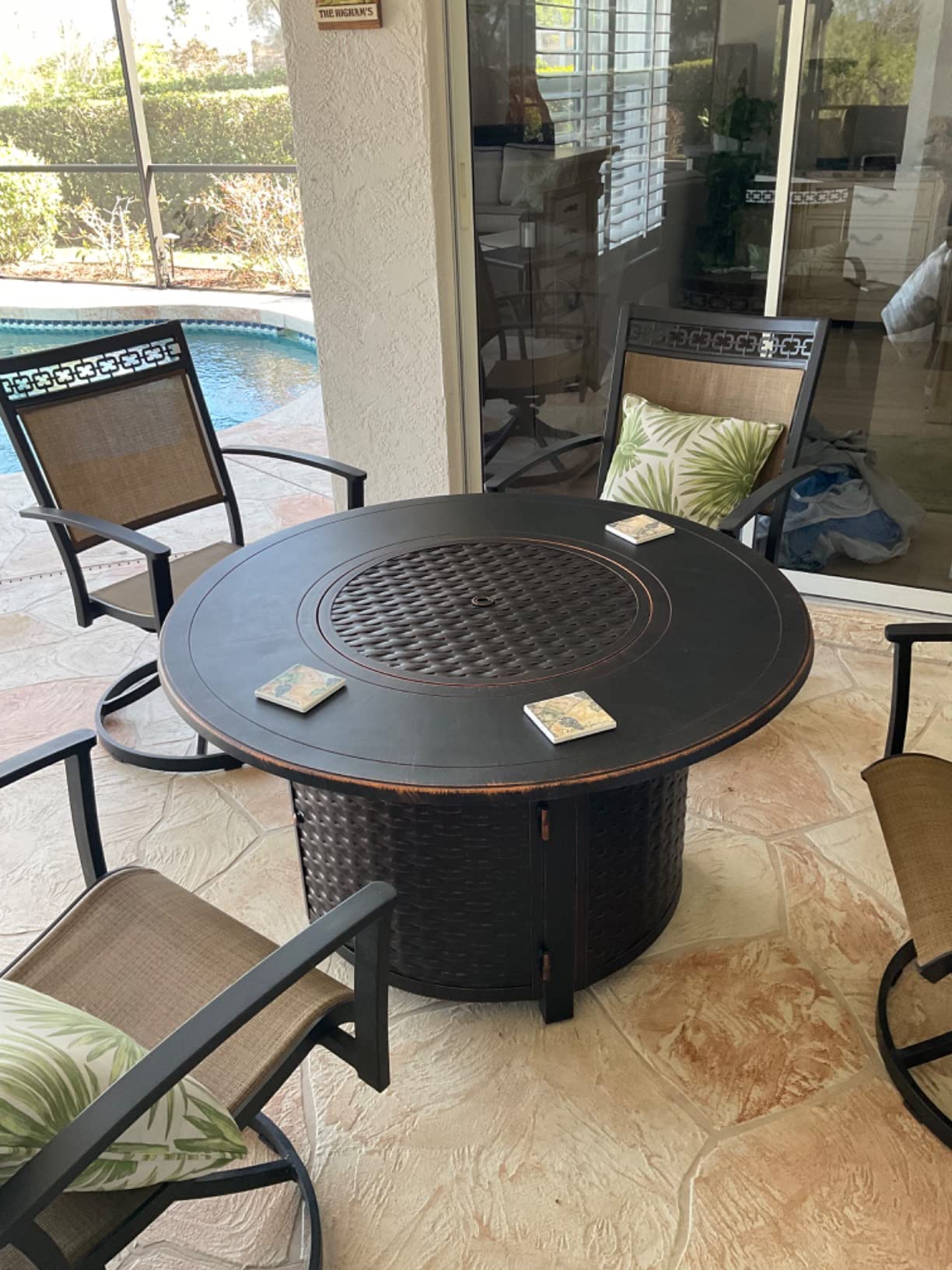 Fire Sense 62373 Florence Woven Aluminum Convertible Gas Fire Pit Table 55,000 BTU Multi-Functional Outdoor with Fire Bowl Lid, Nylon Weather Cover & Clear Fire Glass - Bronze Finish - Round - 44