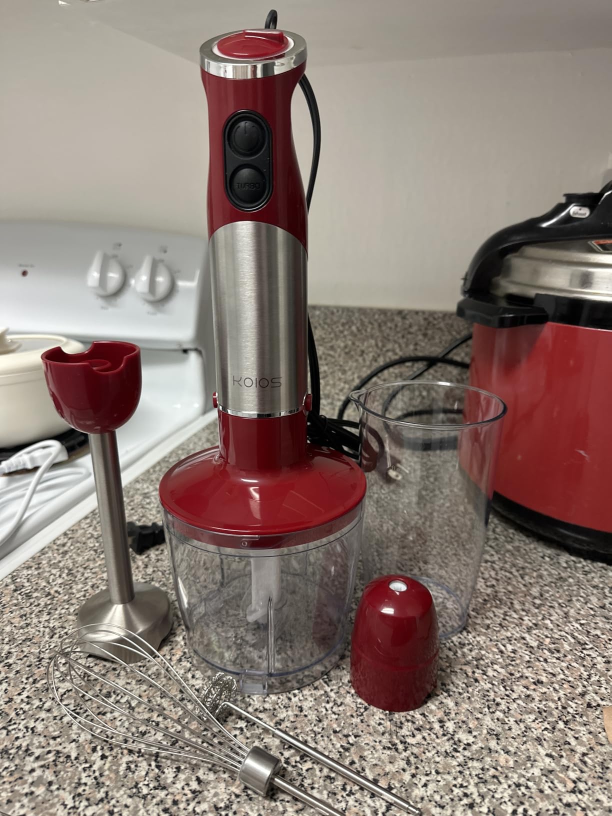 KOIOS 5-in-1 Hand Immersion Blender, 1000W 12 Speed Handheld Blender Stick with Copper Motor Stainless Steel Blade, 600ml Mixing Beaker, 500ml Food Processor, Whisk, Milk Frother, Non-BPA, Red customer photo 1