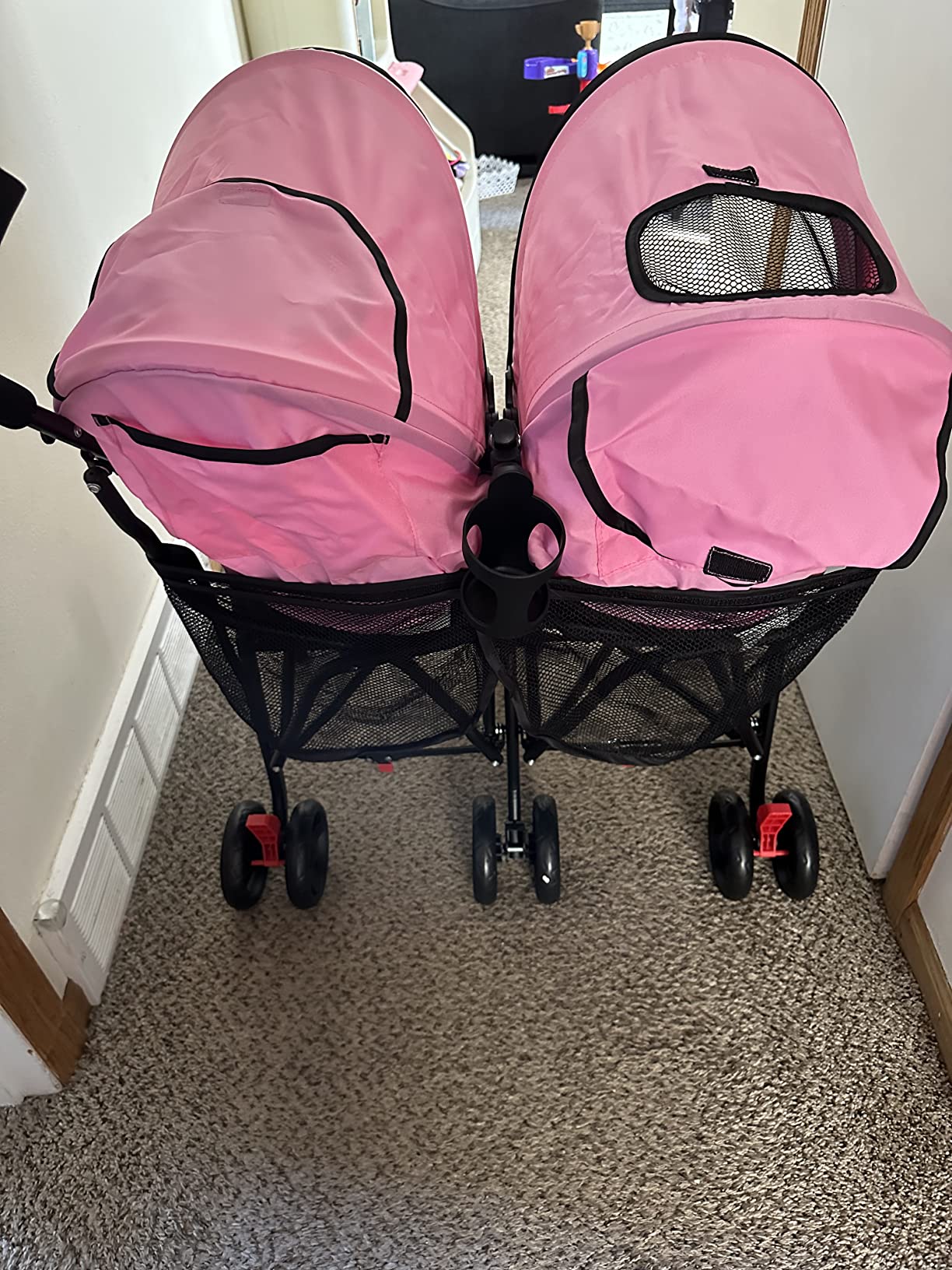 BABY JOY Double Umbrella Stroller, Lightweight Travel Side by Side Twin Stroller with Large Storage, Cup Holder, 5-Point Safety Harness, Adjustable Canopy & Compact Fold for Infant and Toddler (Black) customer photo 1
