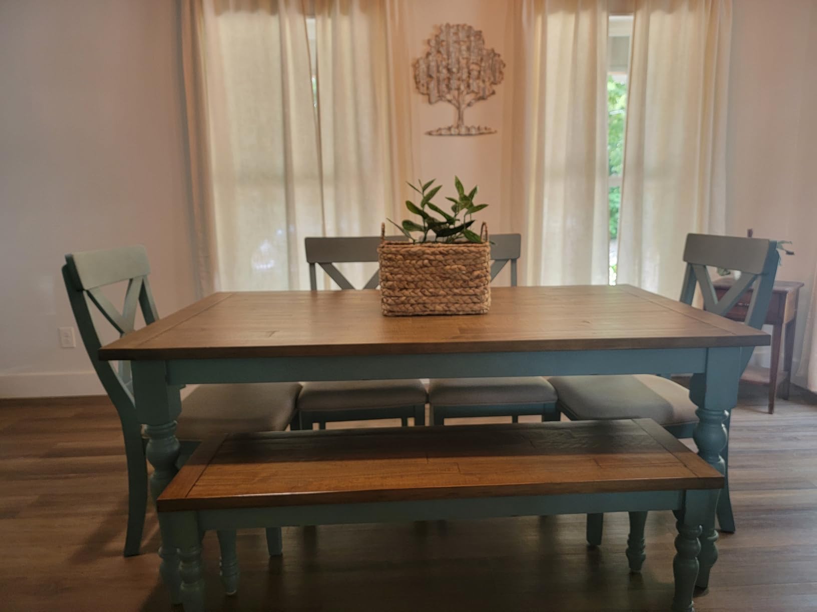 Roundhill Furniture Prato 6-Piece Dining Set, Dining Table with 4 Cross Back Chairs and Bench, Antique Blue and Distressed Walnut Finish customer photo 2