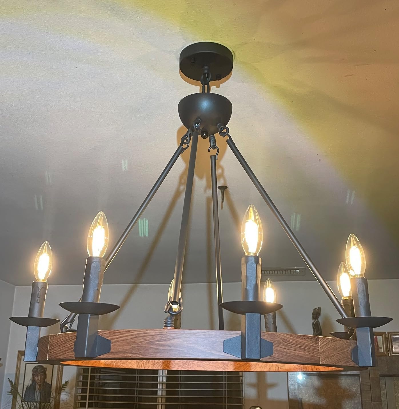 Wellmet 8 Lights Farmhouse Iron Chandeliers for Dining Rooms 28 inch, Wagon Wheel Chandelier Candle Style, Rustic Hanging Ceiling Light Fixture Bedroom Living Room Foyer Hallway, Faux Wood Finish customer photo 2