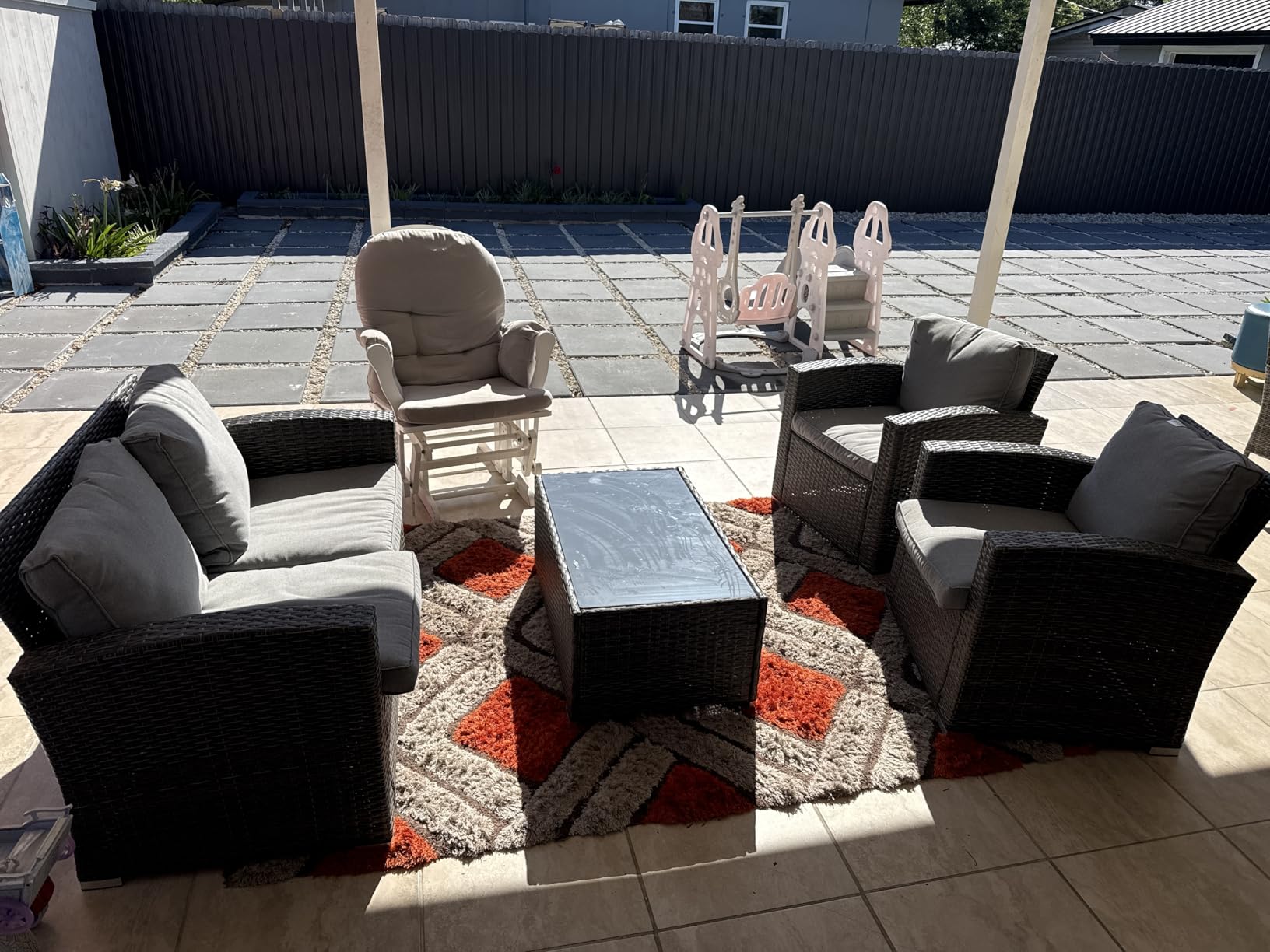 Patio Furniture Set, 4 Piece Outdoor Patio Conversation Set, All-Weather PE Rattan Wicker Sectional Patio Sofa Set with Tempered Glass Coffee Table, Brown customer photo 2