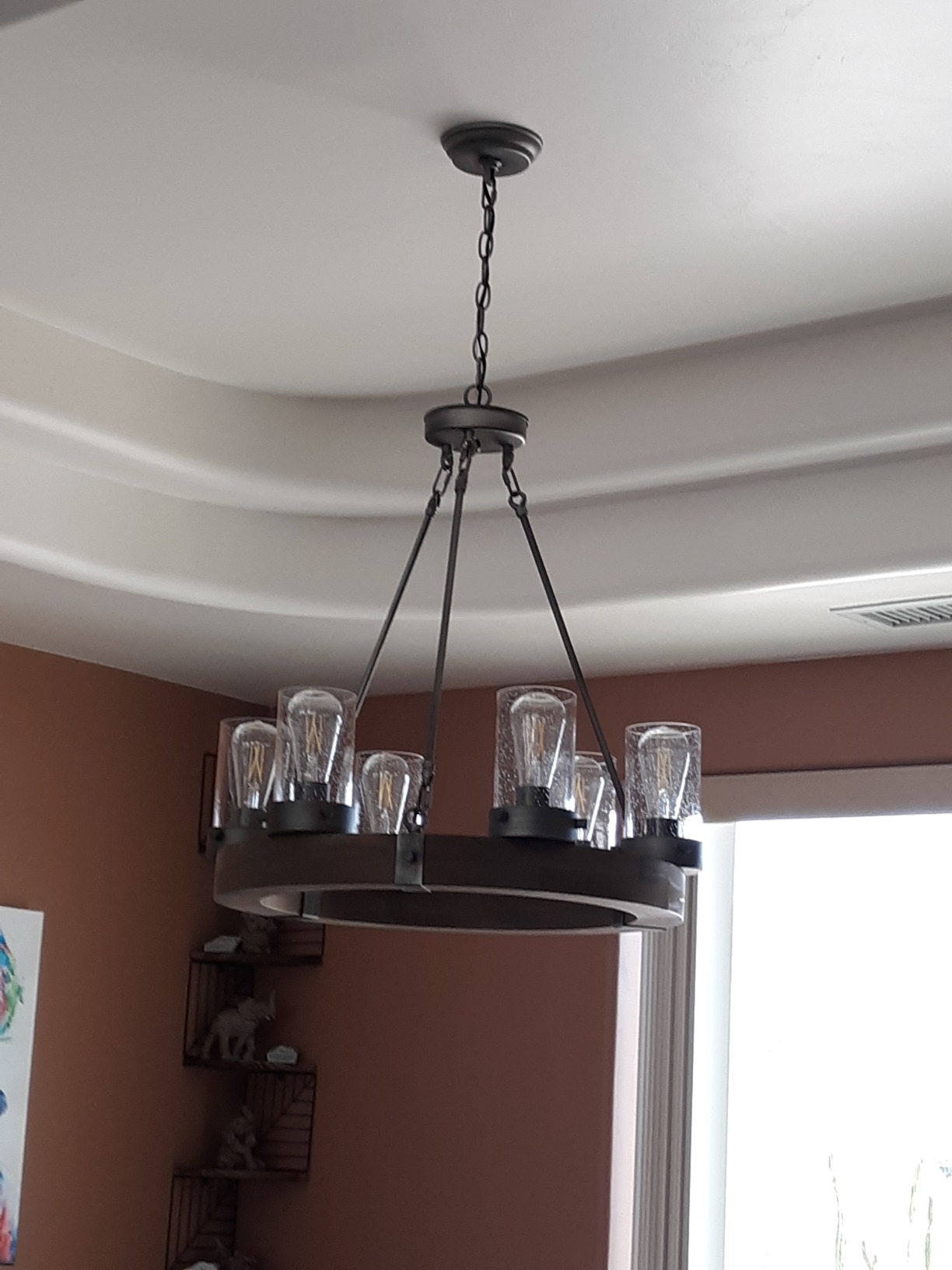Farmhouse Wood Chandelier, Round Wagon Wheel Light Fixture with Seeded Glass Shades for Dining Room, Living Room, Bedroom, Kitchen Island and Foyer customer photo 1