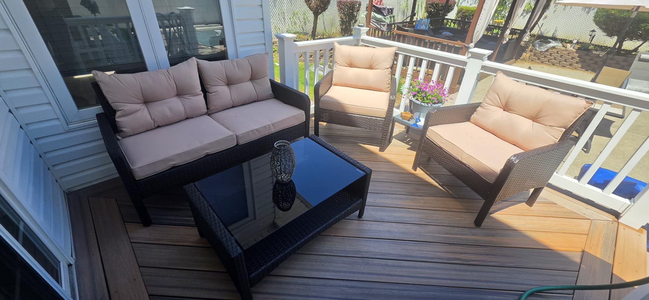 HAPPYGRILL 4-Piece Patio Furniture Set Outdoor Rattan Wicker Conversation Set with Coffee Table, Sectional Sofa Bistro Set with Cushions for Garden Poolside Backyard customer photo 1