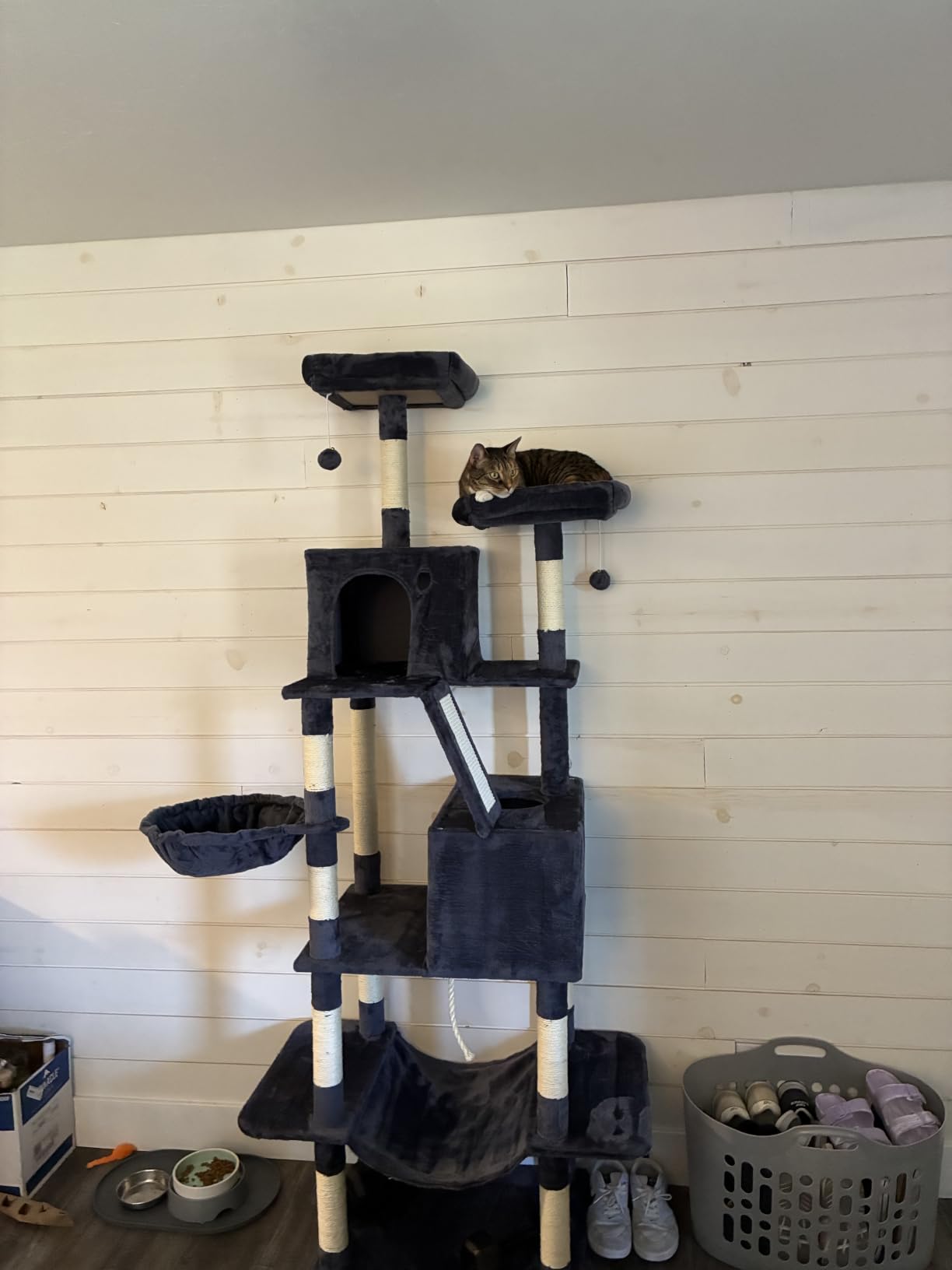 Feandrea Cat Tree, 81.1-Inch Large Cat Tower, Multi-Level Plush Condo with 13 Scratching Posts, 2 Perches, 2 Caves, Basket, Hammock, Pompoms, Smoky Gray UPCT190G01 customer photo 1