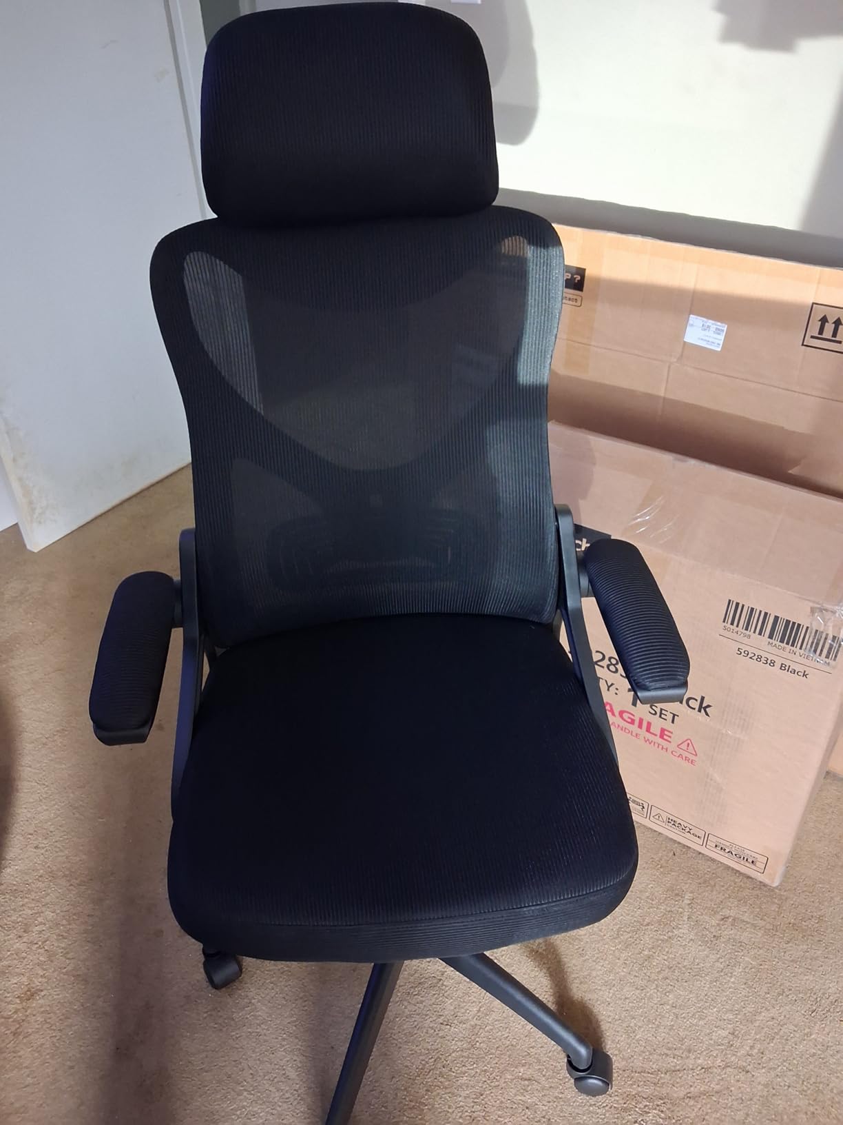 Yaheetech Ergonomic Office Chair with Headrest, Lumbar Support, Black | Breathable mesh high-back adjustable headrest, padded seat, and flip-up armrests supports your back and neck, holds 300lb customer photo 2