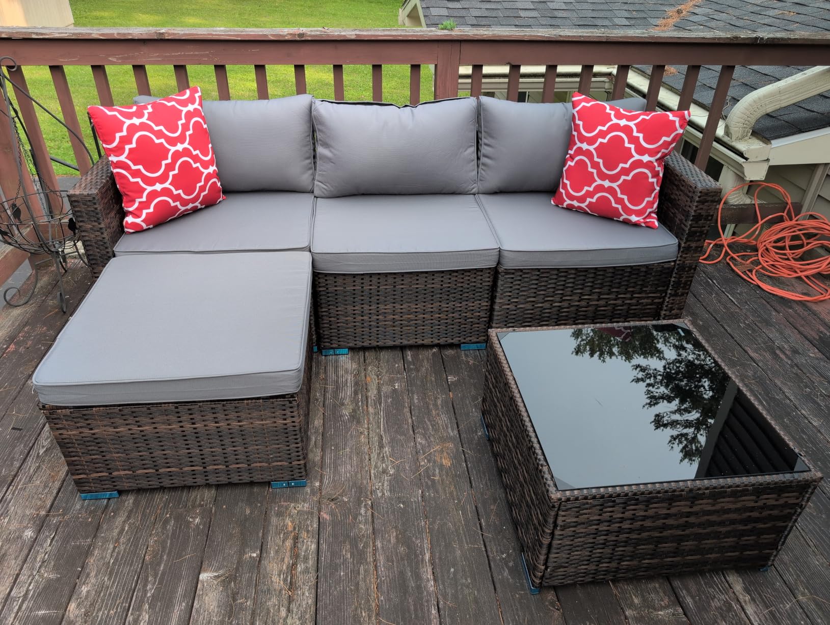 Aiho 5 Pieces Patio Furniture Set All-Weather Outdoor Wicker Sectional Patio Furniture with Cushion and Glass Table (Grey) customer photo 1