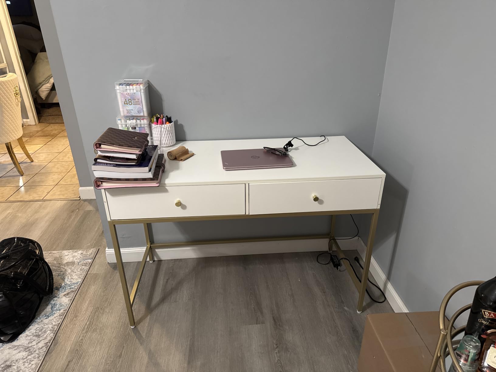 SUPERJARE White and Gold Vanity Desk with Drawers, 47 inch Computer Desk | Modern Simple Home Office Desks, Makeup Dressing Table for Bedroom customer photo 1