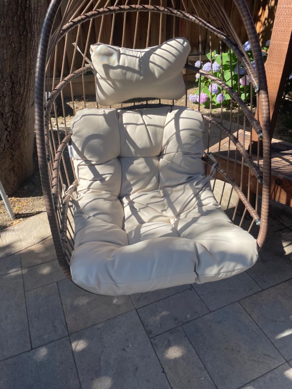 BULEXYARD Outdoor Patio Egg Chair Without Stand, Foldable Swing Chair | 350 lbs Capacity, Beige, Foldable, All-Weather PE Rattan Swing Chair with Cushion, Comfy Hanging Chair for Backyard Tree customer photo 2