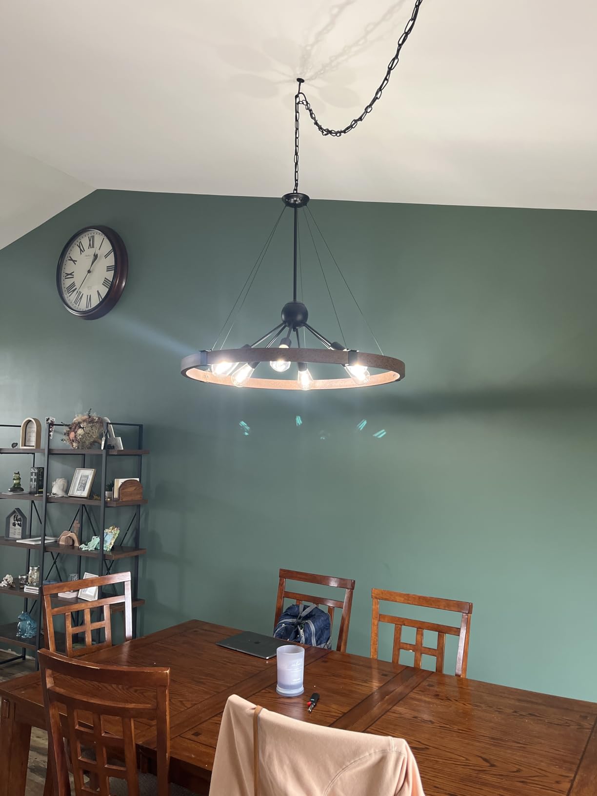 Klgxnrd 38.2'' Large Farmhouse Wagon Wheel Chandelier for Living Room, 8-Light Rustic Round Metal Light Fixtures for Dining Room Entryway Kitchen Island, Vintage Rust and Black Finishes customer photo 2