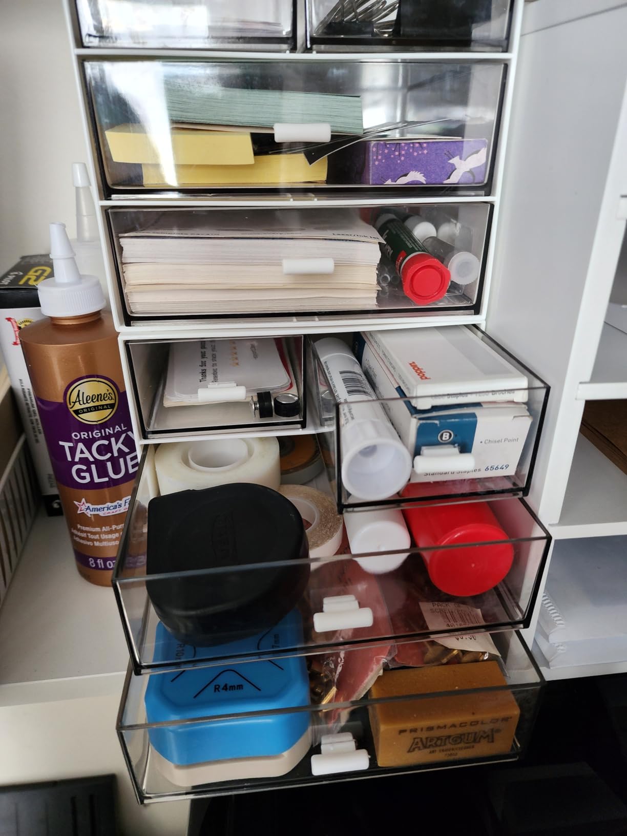 Desk Organizer with 4 Drawers, Clear Plastic Desk Storage Box, Desktop Organization for Office Supplies, Gel Pens, Pencils, Markers, Tape, Erasers, Paperclips, Chargers (White-4 Draws) customer photo 1