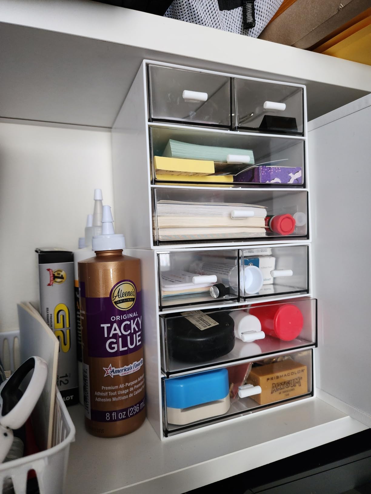 Desk Organizer with 4 Drawers, Clear Plastic Desk Storage Box, Desktop Organization for Office Supplies, Gel Pens, Pencils, Markers, Tape, Erasers, Paperclips, Chargers (White-4 Draws) customer photo 2