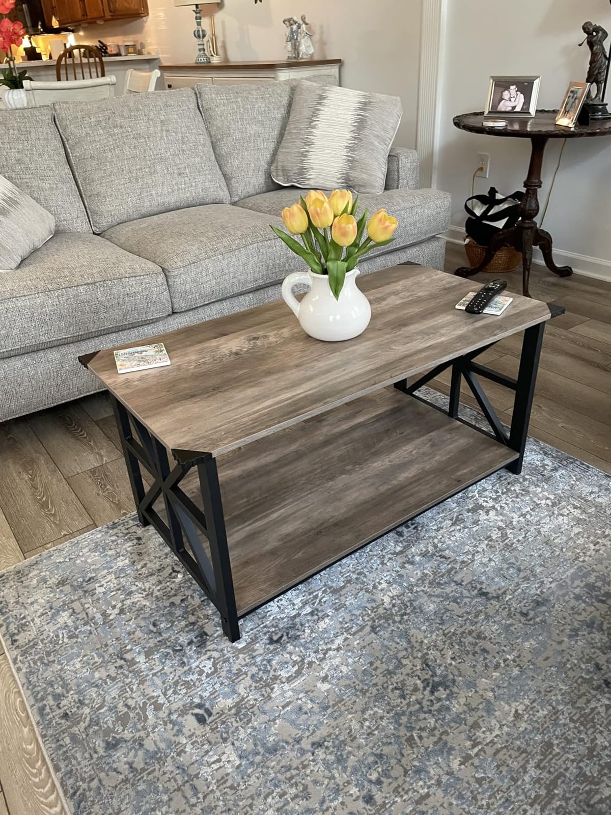 GreenForest Round Corners Coffee Table for Living Room | Rustic Style Center Table with Storage Shelf,39 Inch Space Saving Sofa Table,Easy Assembly,Gray Wash customer photo 2