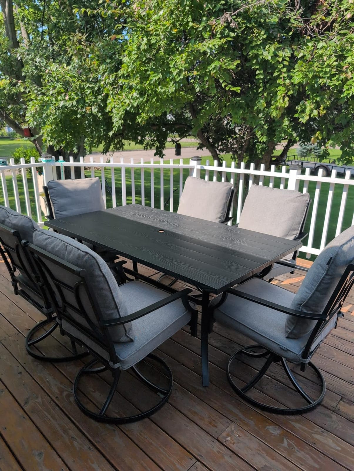 Grand patio 7-Piece Outdoor Dining Set for 6 with Swivel Patio Chairs | E-coated patio set with 6 Olefin cushioned swivel chairs and rectangular faux wood table with 1.5