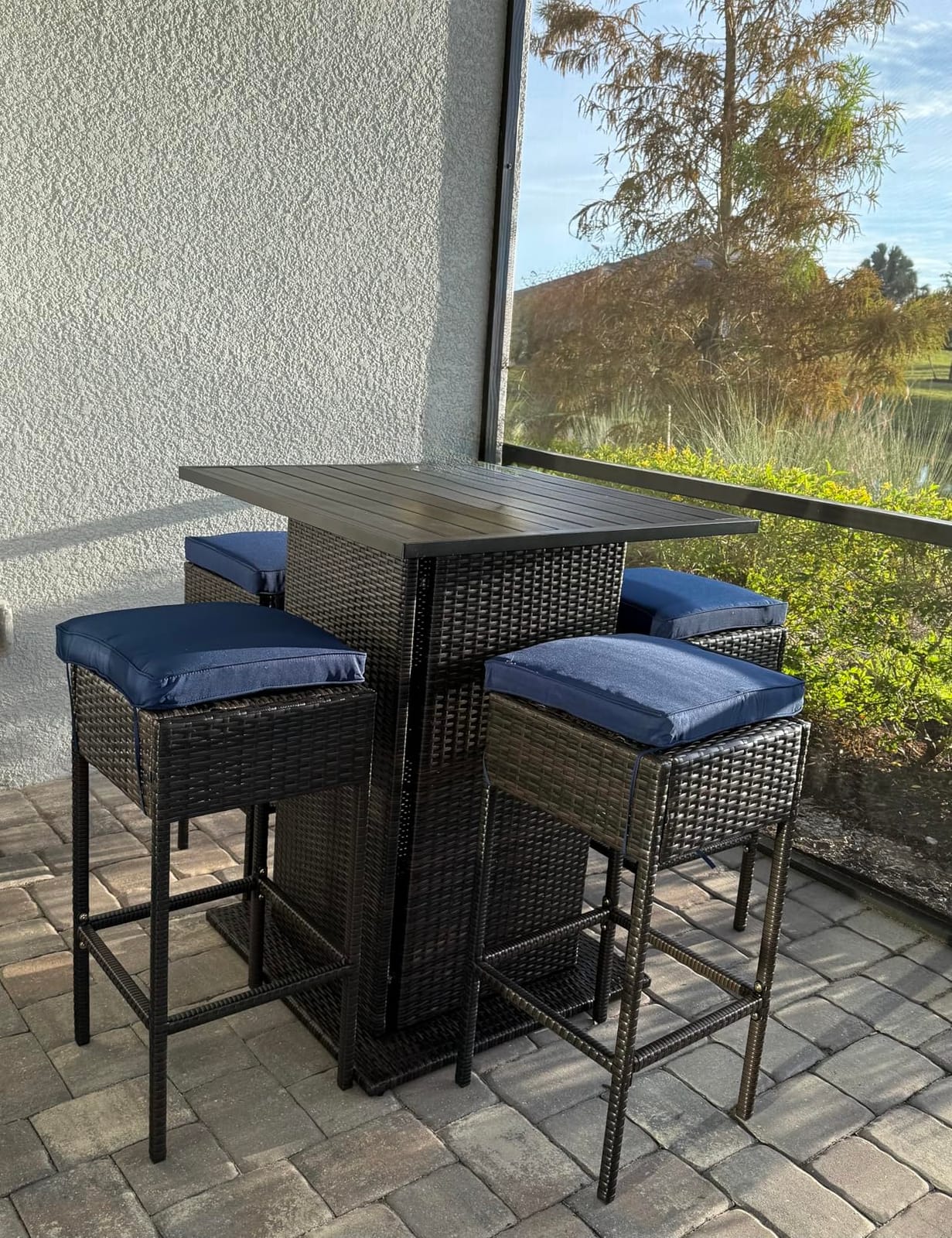 RELAX4LIFE 5-Piece Outdoor Bar Set, Wicker Rattan Bar Height Patio Set w/4 Cushion Bar Stools & Table with Hidden Storage, 5PCS Outdoor High Top Table and Chairs Set for Backyard Poolside customer photo 2