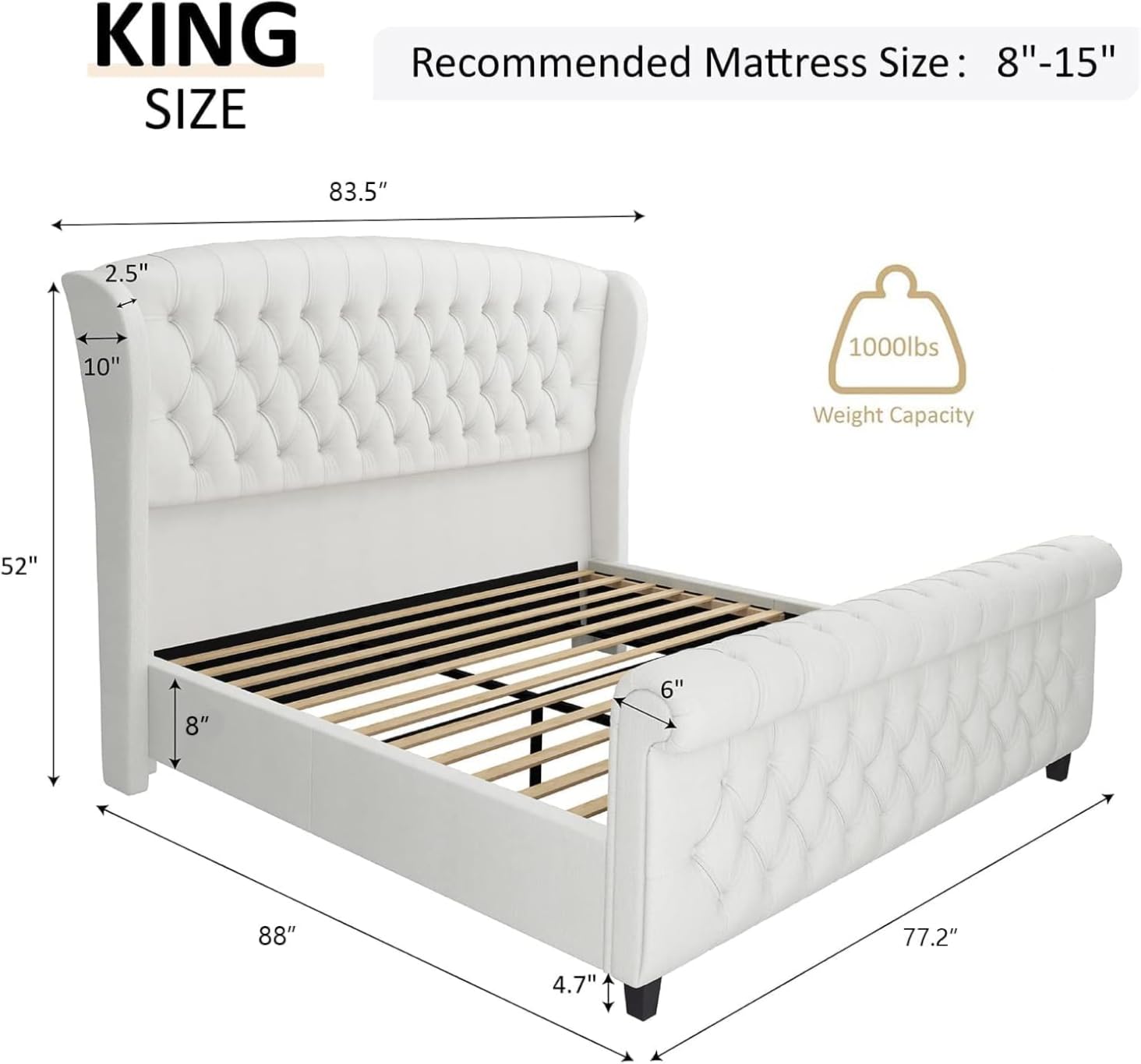 AMERLIFE Queen Size Platform Bed Frame, Chenille Upholstered Sleigh Bed with Scroll Wingback Headboard & Footboard/Button Tufted/No Box Spring Required/Cream customer photo 1