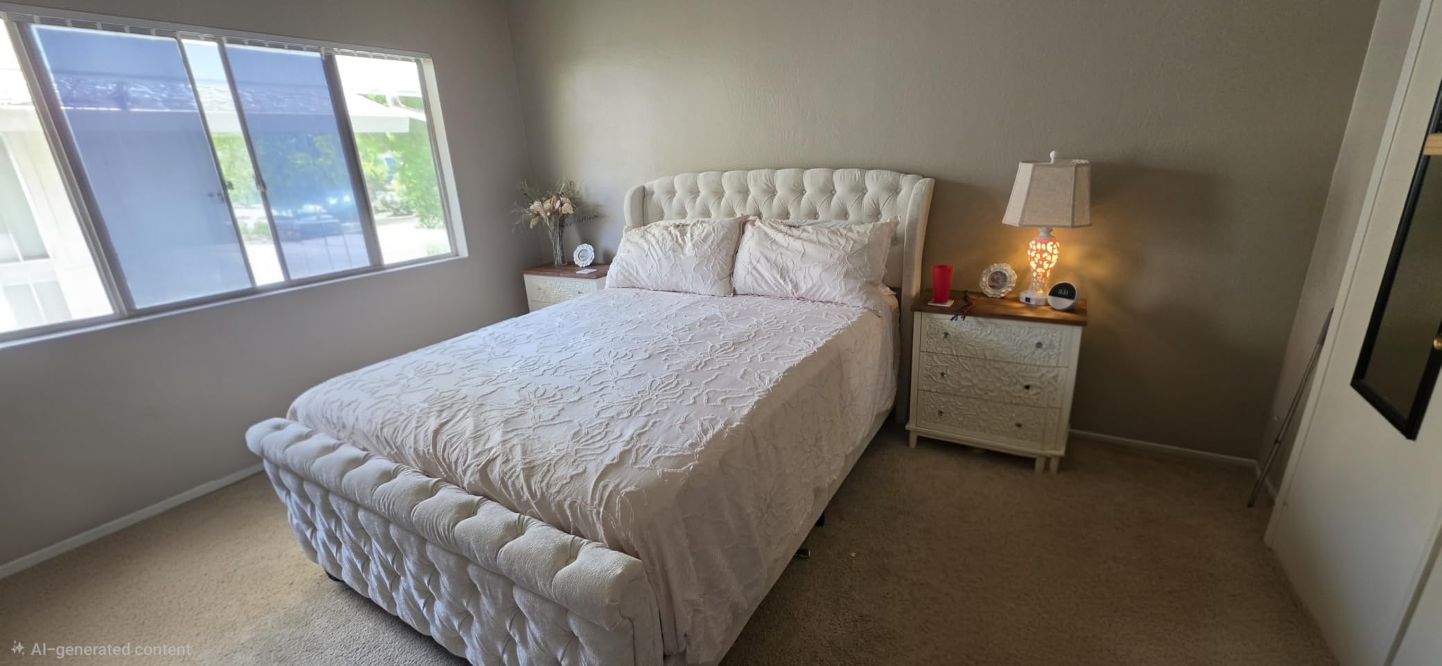 AMERLIFE Queen Size Platform Bed Frame, Chenille Upholstered Sleigh Bed with Scroll Wingback Headboard & Footboard/Button Tufted/No Box Spring Required/Cream customer photo 2