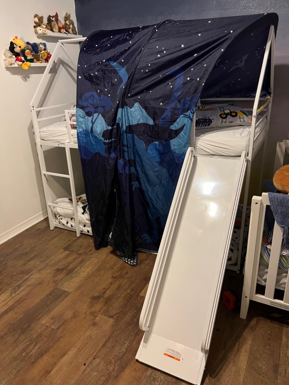 Merax Heavy Metal House Low Bunk Bed with Slide & Ladder Twin Over Twin, Montessori Floor Bunk Bed Frame with Full-Length Guardrail, No Box Spring Needed, Noise Free White customer photo 2